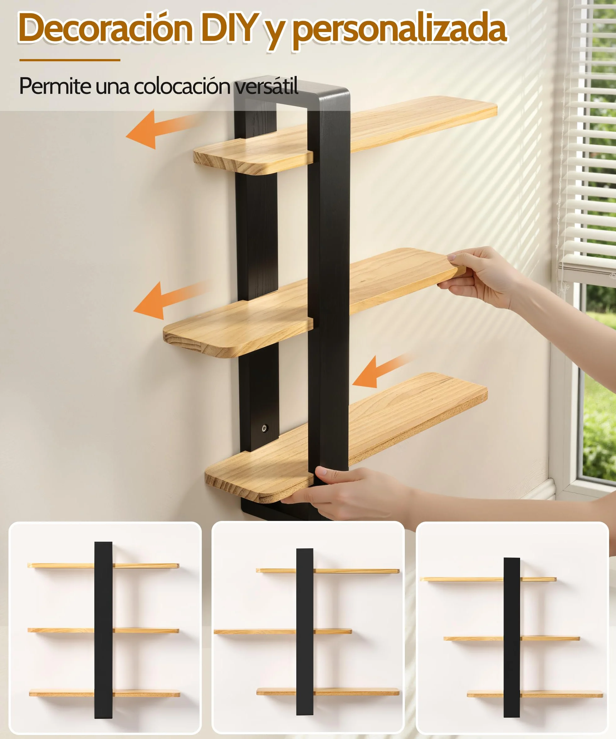 SUMGAR Estantería de Pared 3 Niveles Pino Macizo 50 cm Negro y Madera