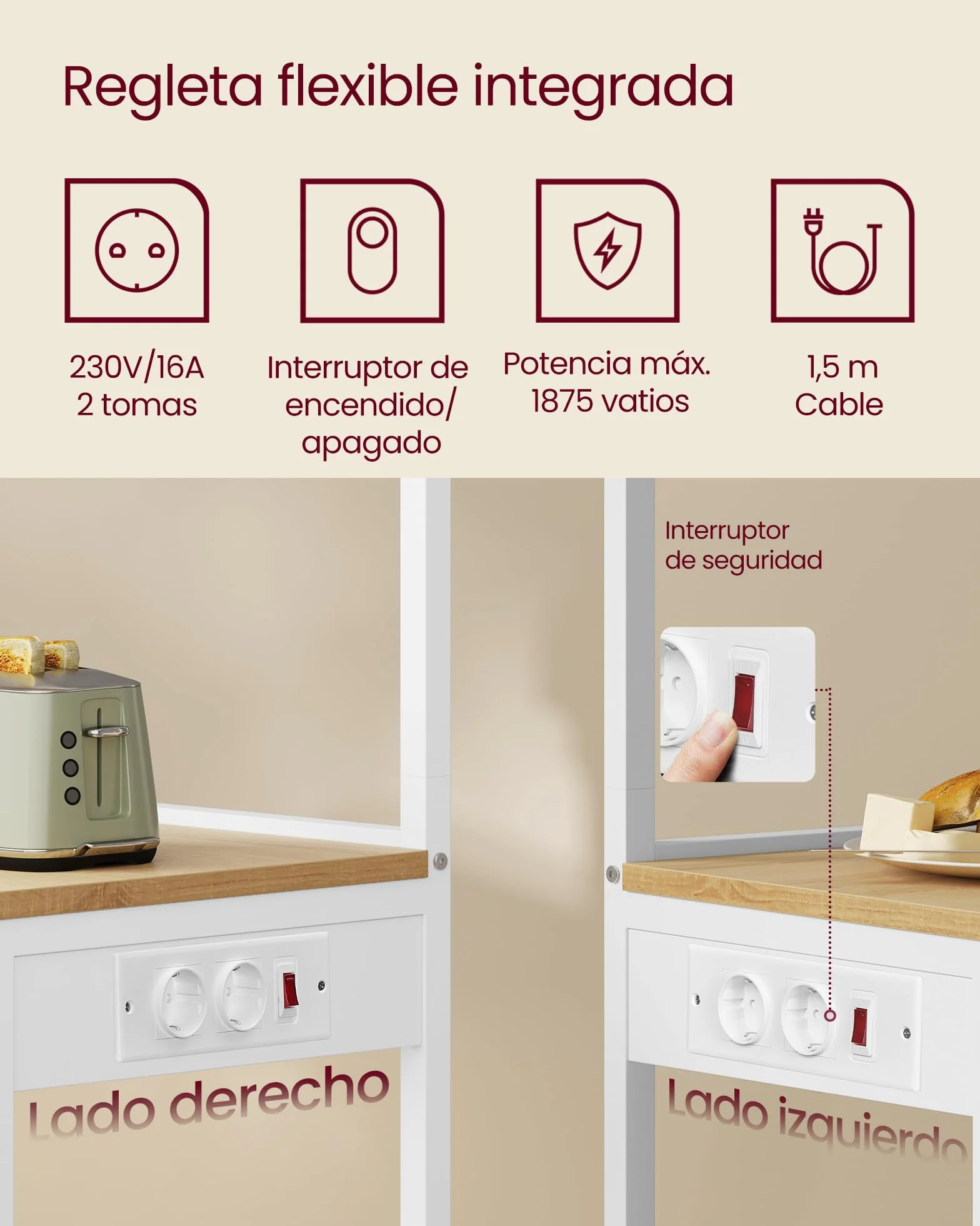 VASAGLE Estantería de Cocina con Enchufe Múltiple, Barra de Café de 4 Niveles con Estante Ajustable, 8 Ganchos S, Soporte de Microondas, 40 x 45 x 140 cm, Roble Dorado y Blanco Nube KKS013YA05
