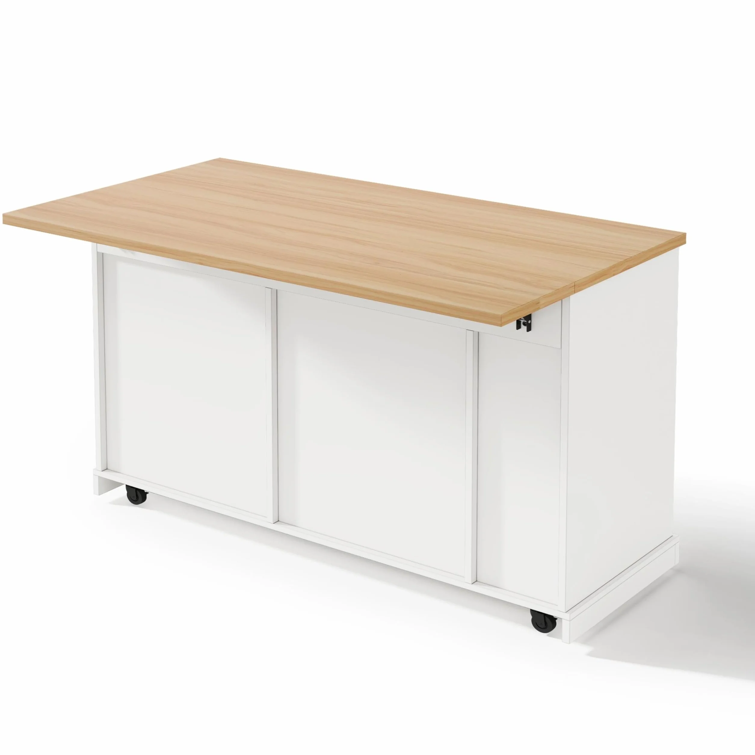 Isla de cocina con encimera plegable, armario de basura y ruedas con bloqueo, estante para especias de 4 niveles, 2 cajones, 120 × 45 (70) × 93 cm, color blanco