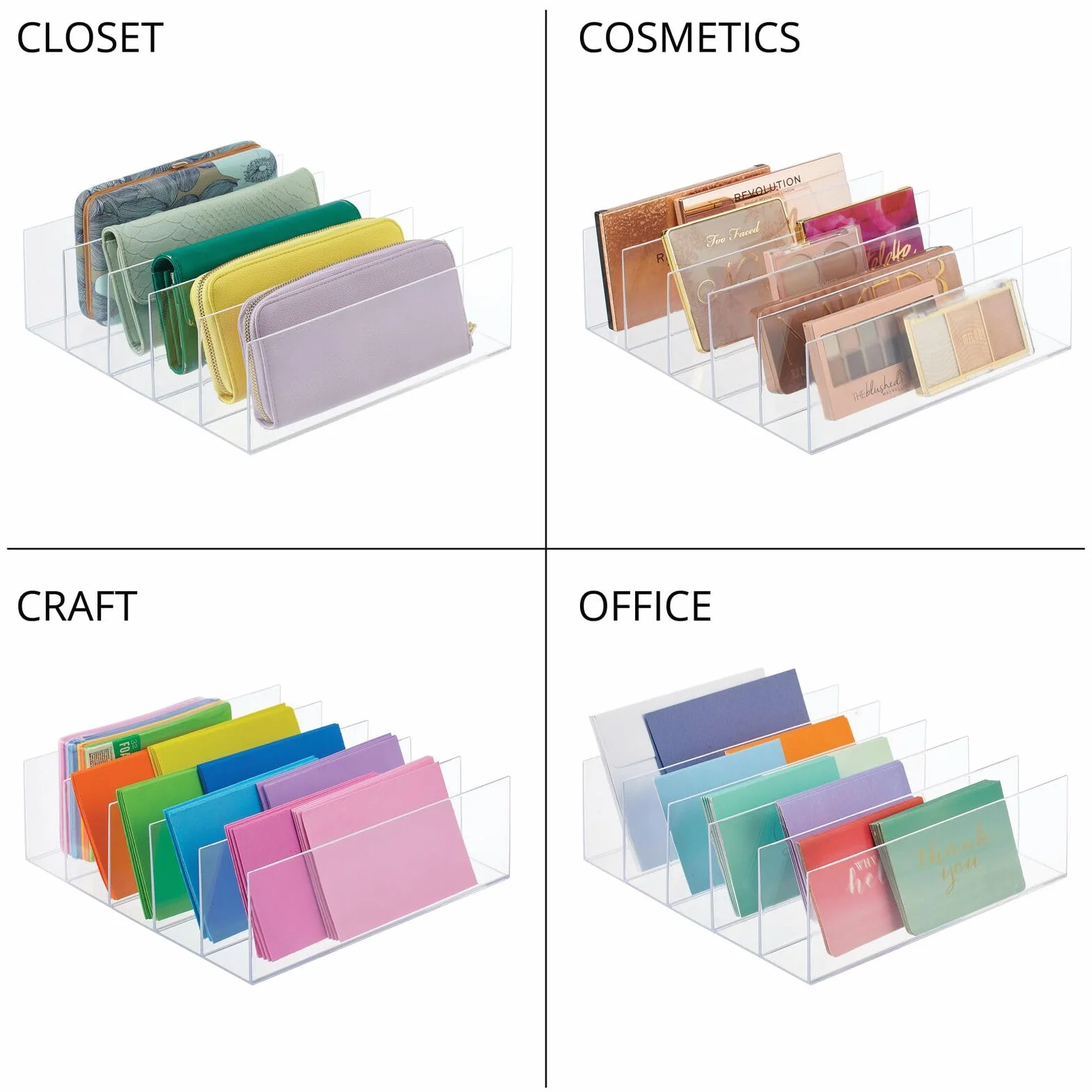 mDesign Expositor de plástico para bolsos de mano – Prácticos soportes para carteras, monederos, billeteros, etc. – Organizador de bolsos con 5 compartimentos – Juego de 4 – azul transparente