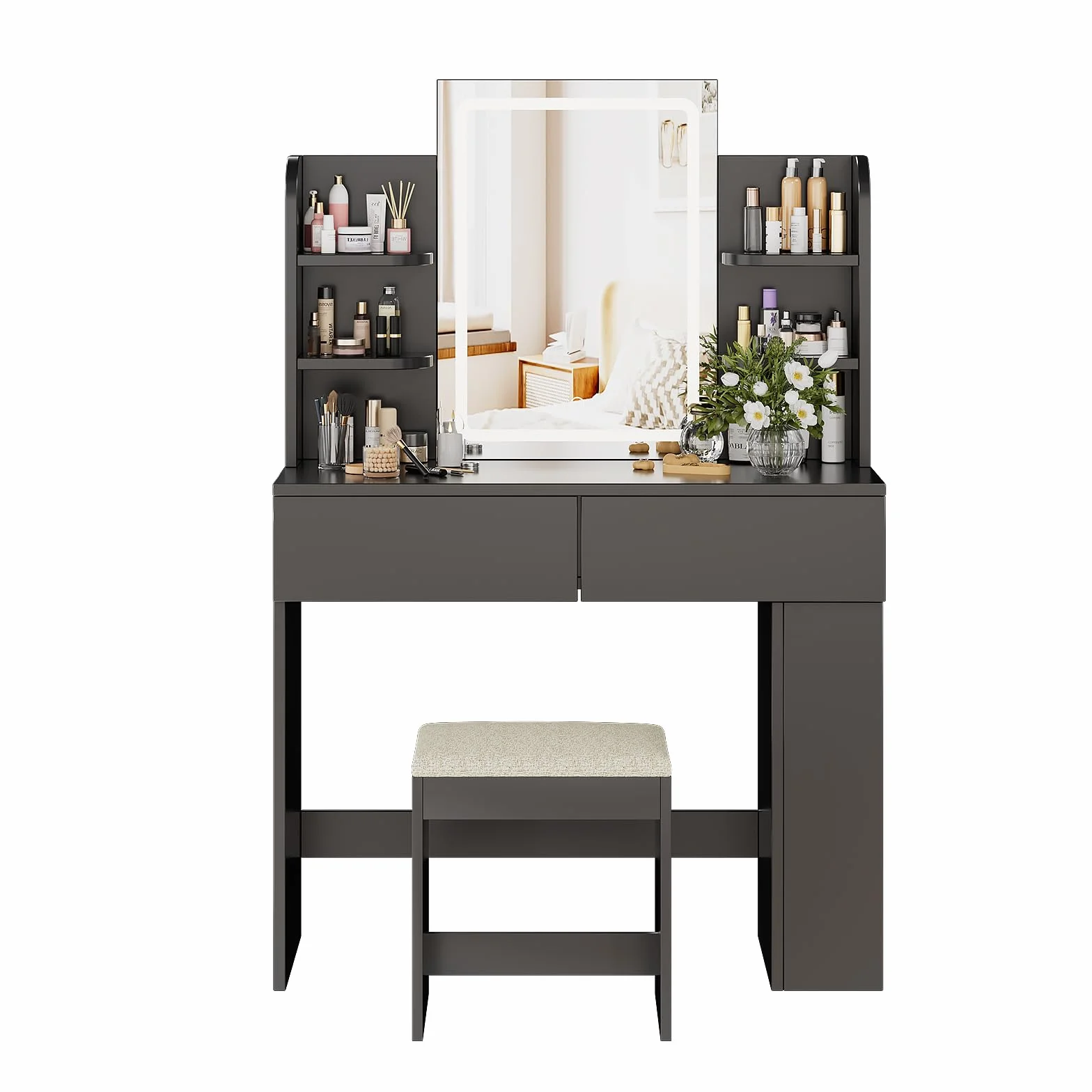 TRIUMPHKEY Tocador de Maquillaje con Espejo LED Regulable, Mesa de Maquillaje con 2 Cajones y Taburete, 90x40x135 cm, Negro