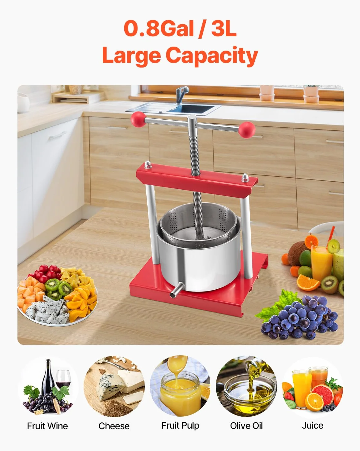VEVOR Prensa de Vino de Frutas 3 L, 2 Barriles de Acero Inoxidable, Exprimidor Manual, Sidra, Manzana, Tintura de Uva, Miel, Aceite de Oliva, para Cocina al Aire Libre y Hogar, 260 x 205 x 560 mm