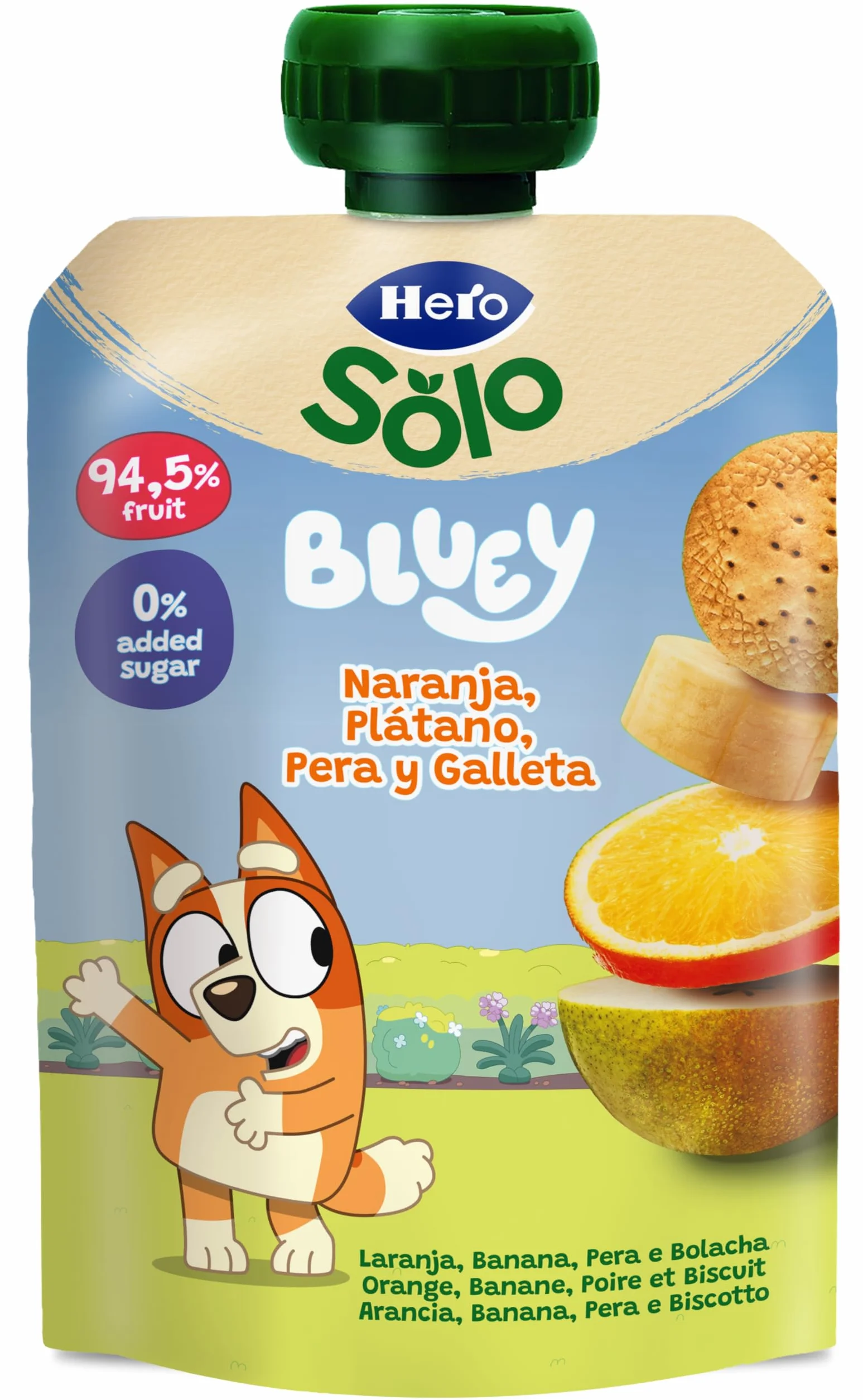 Hero Solo Mi Fruta Bolsita de Fruta con Naranja, Plátano, Pera y Galleta, Pack 18 x 100 g