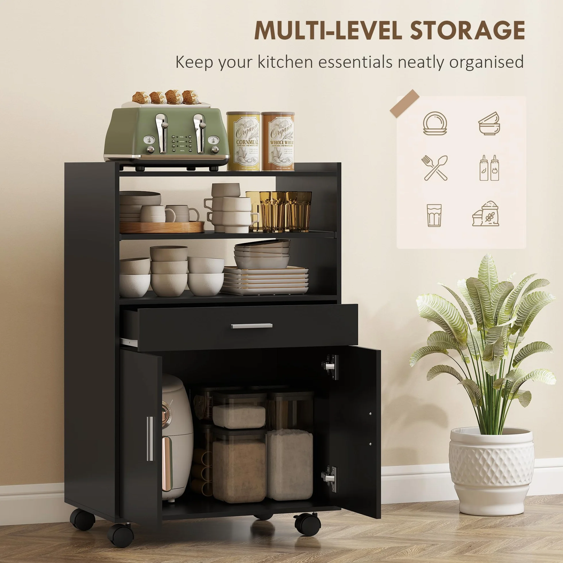 HOMCOM Armario Microondas con Ruedas, Aparador de Cocina con Cajón, Encimera para Electrodomésticos, Armario con 2 Puertas, Estante Extraíble y Abierto, Carro de Cocina para Salón, 59x40x92cm, Negro
