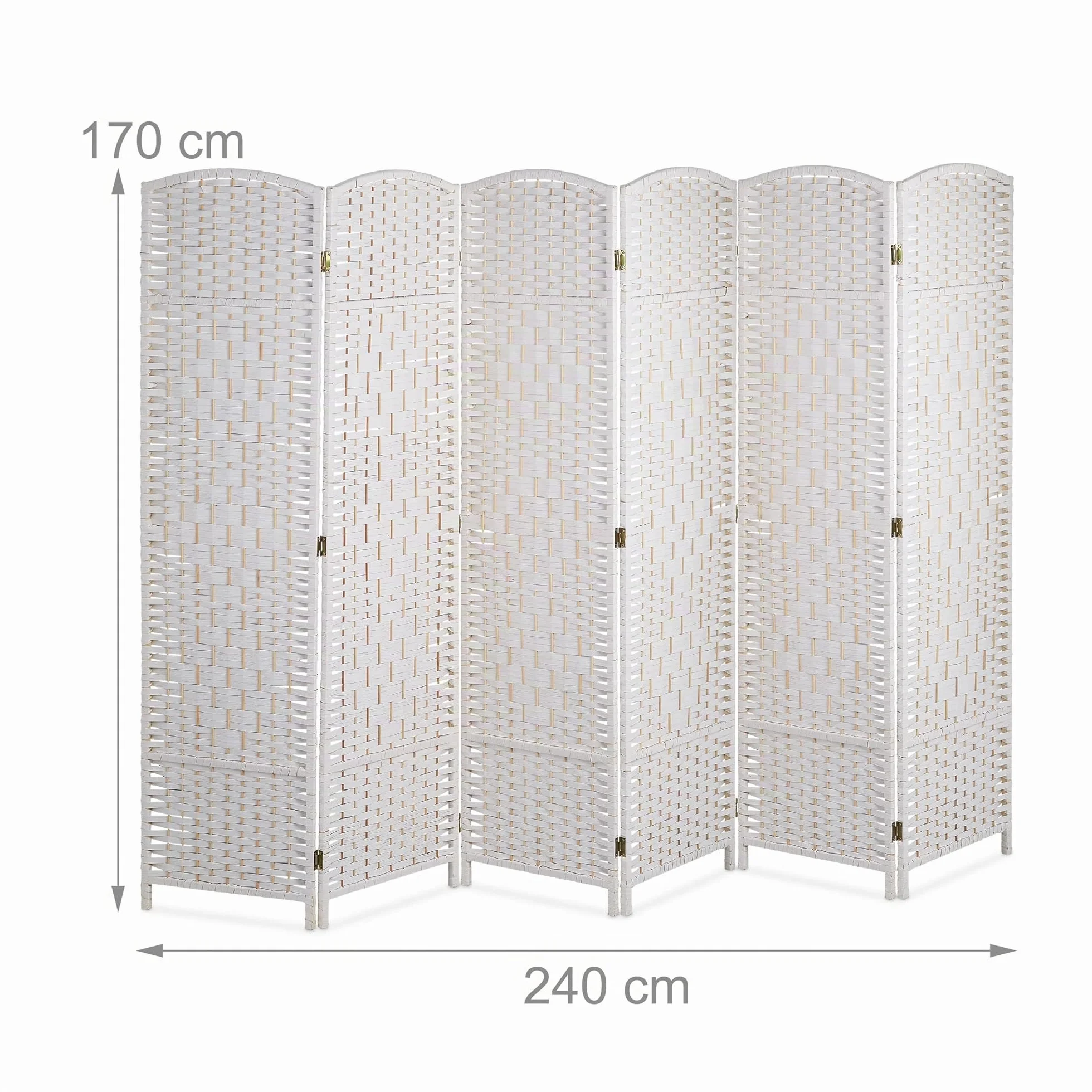 Relaxdays Biombo 6 Paneles, 170 x 240 cm, Separador Ambientes Plegable, Madera y Cuerda de Papel, Mampara en Blanco