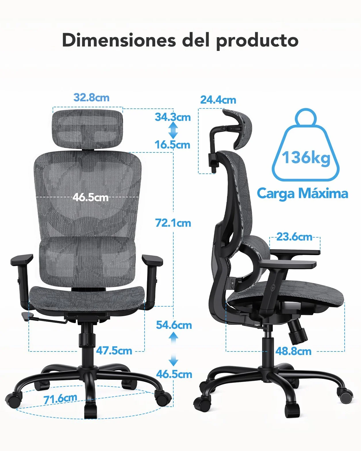 Silla de Oficina ergonómica de Malla HUANUO, Silla de Escritorio de Respaldo Alto con Soporte Lumbar Ajustable, reposabrazos, Mecanismo de balanceo, Silla ergonómica de Gaming de Malla