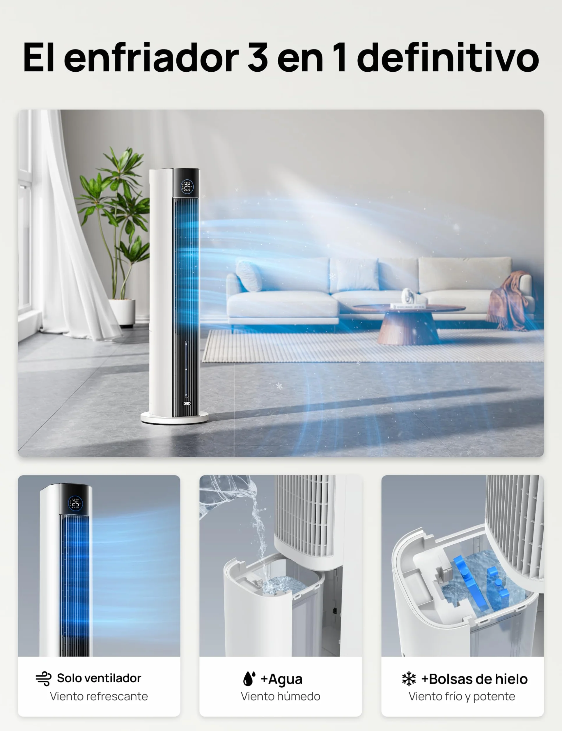 DREO Ventilador de Torre con enfriamiento por agua, enfriador 110 cm, silencioso, 4 velocidades, 4 modos, evaporativo, control app, paquete de hielo, oscilación 80°, temporizador 12 h, blanco