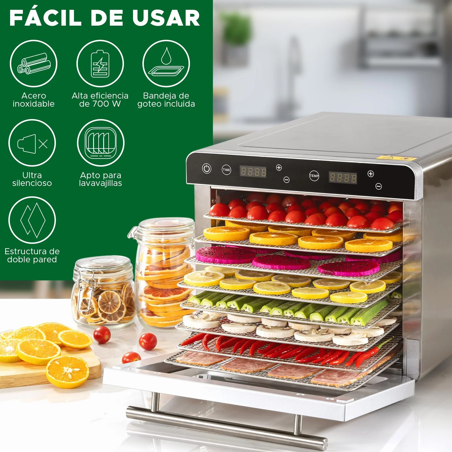 Kwasyo Deshidratador de Alimentos 8 Bandejas Acero Inoxidable 700W Temperatura 30-85℃ Temporizador 24h