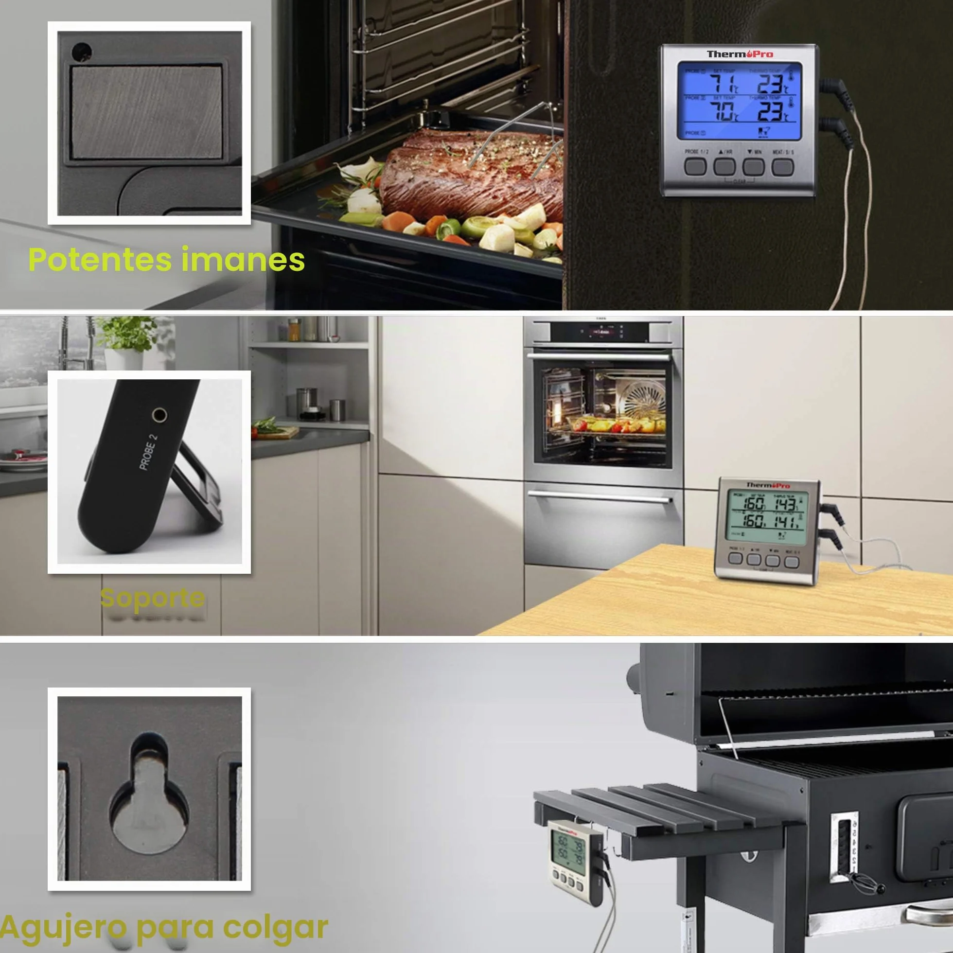 ThermoPro TP17 Termómetro Cocina Digital de Doble Sonda con Modo Temporizador Termómetros de Barbacoa con Grande Retroiluminación de LCD para BBQ Carne Alimentos Líquido Parrilla Horno