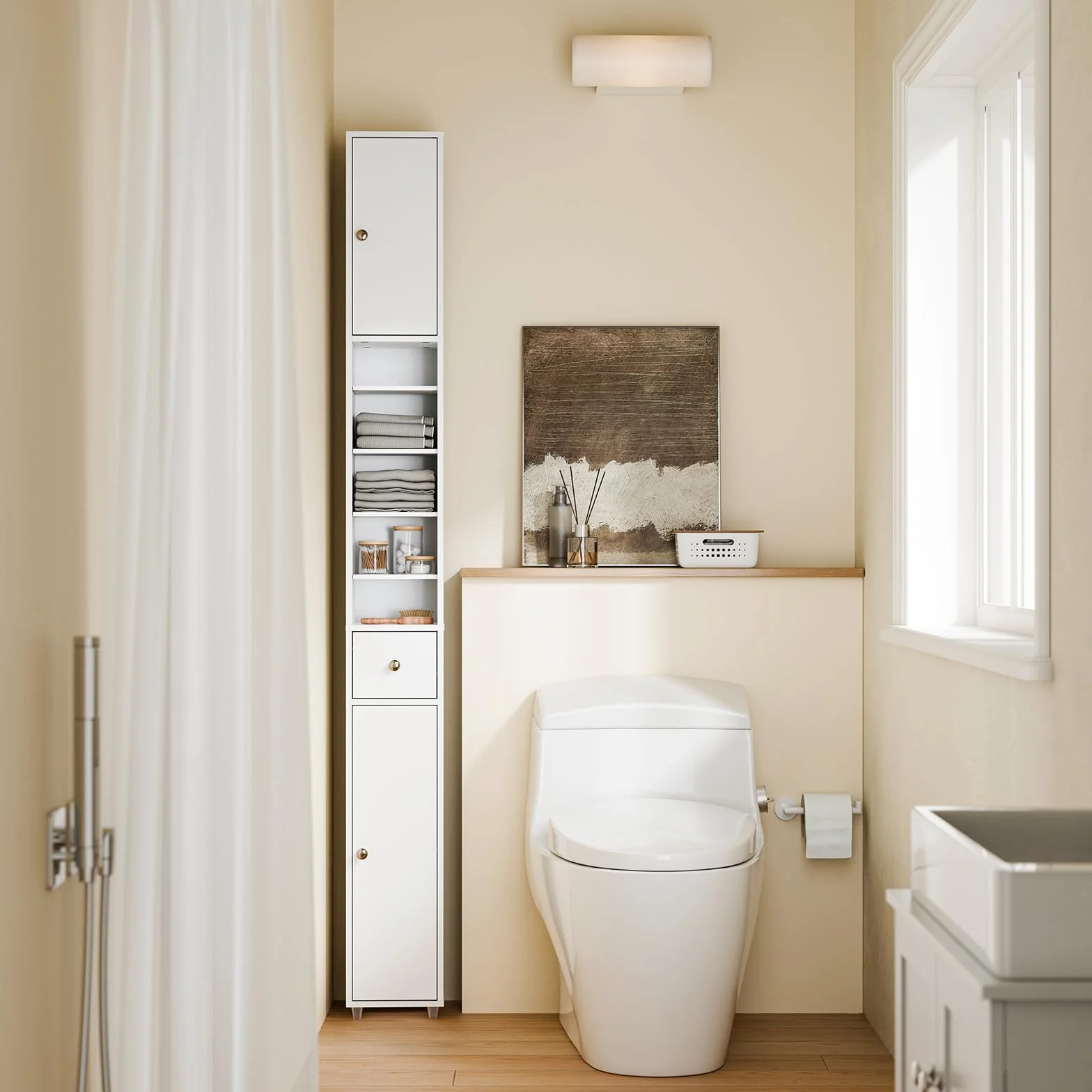 SoBuy Mueble Baño Estrecho Alto Armario Columna Auxiliar Almacenaje con Estantes Regulables Cajón 20x20x180cm BZR34-II-W