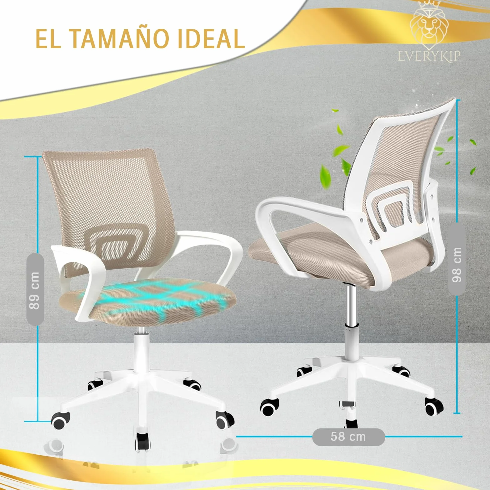 EveryKip Original® Silla Escritorio Ergonomica Ajustable con Apoyo Lumbar| Ruedas Anti-Arañazos 360° | Sillas Oficina Ejecutiva Transpirable | Office Chair (Beige)