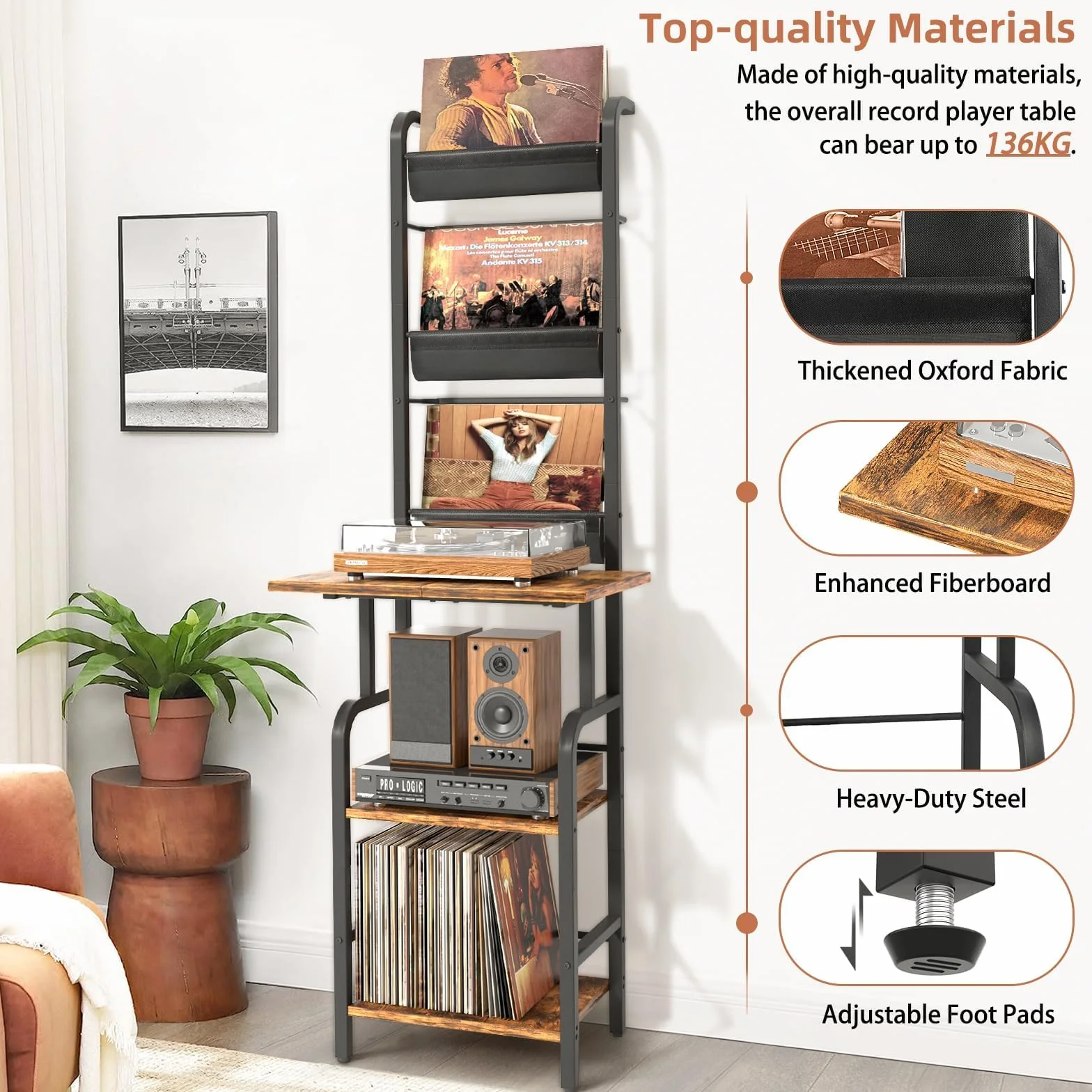Bikoney Mueble Tocadiscos Alto con Almacenamiento para Vinilos – Estante para Tocadiscos con Soporte de Pared, Organizador para Hasta 200 Discos de Vinilo