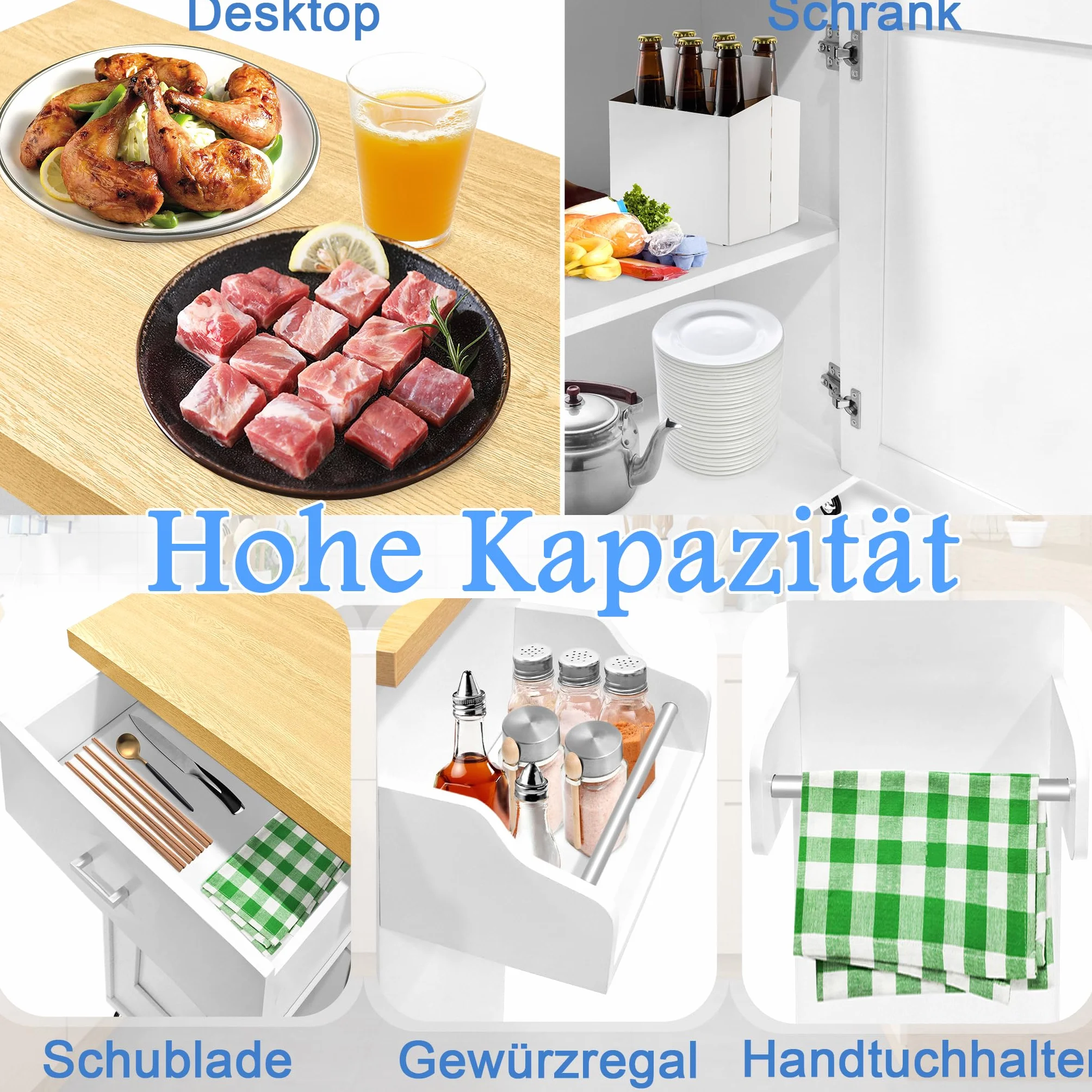 FIVMEN Carrito de cocina blanco con ruedas y encimera, carrito de cocina, isla de cocina de madera, con toallero y tabla de especias, mueble de cocina, 115 x 90 x 36 cm