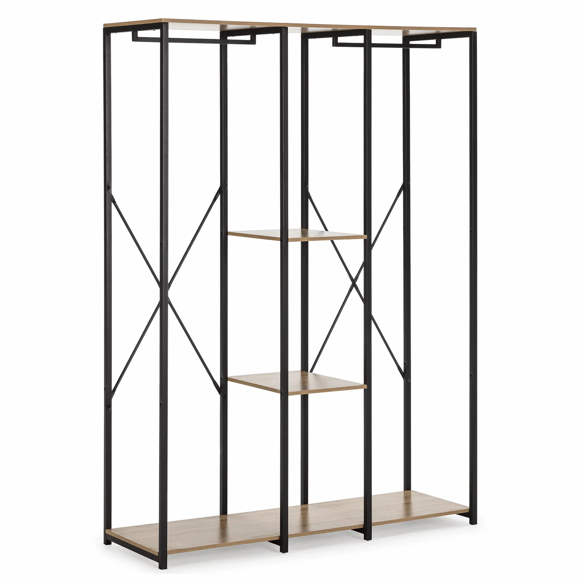 HOMN LIVING Armario vestidor Jana 3 estantes 2 Barras, Color Roble/Negro, 120 cm (Ancho) 40,4 cm (Profundo) 167 cm (Altura)