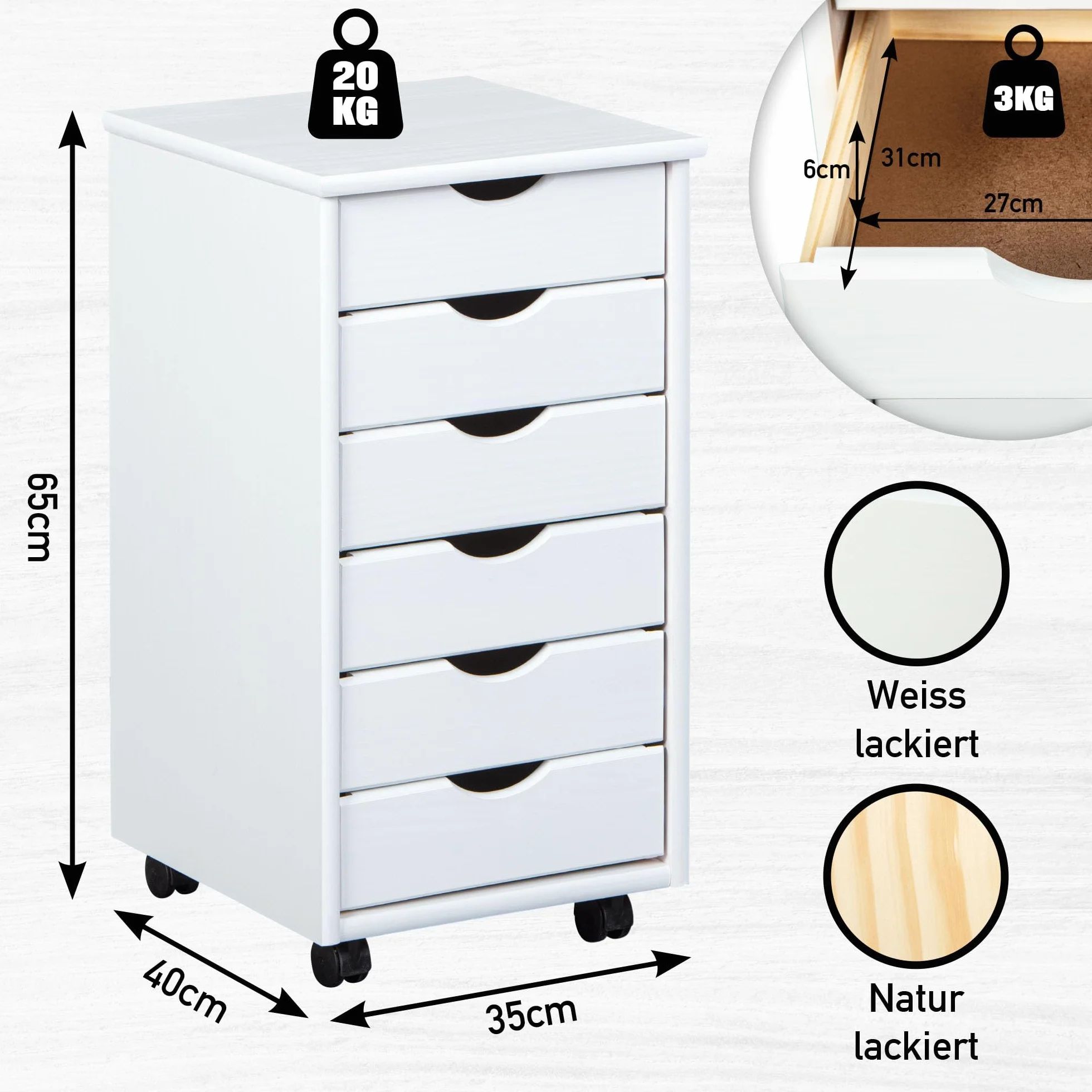 Cajonera con ruedas Inter Link 6 cajones Escritorio madera maciza pino lacado blanco 35x40x65 cm Modelo Simon