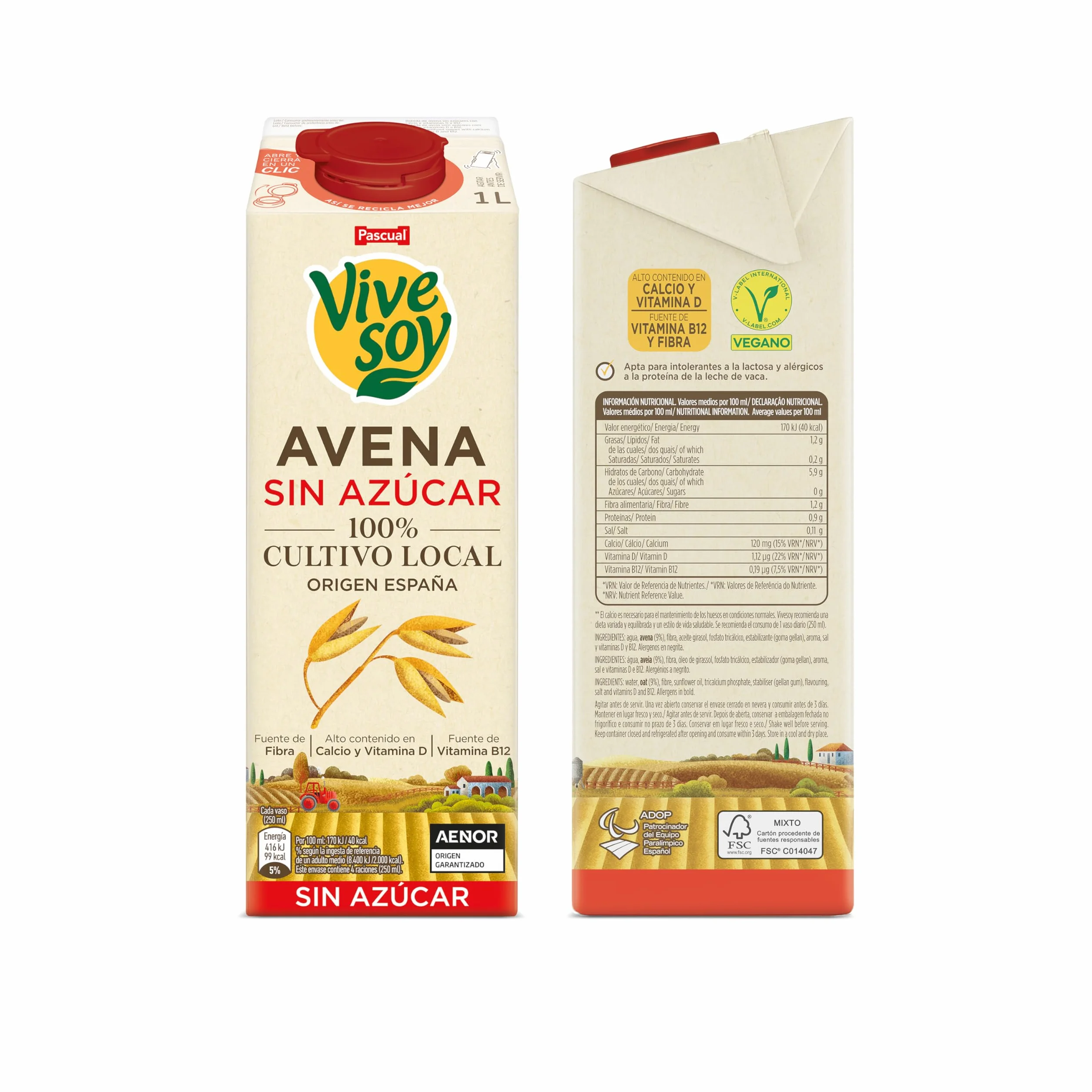 Vivesoy Bebida Vegetal de Avena Sin Azúcar Cultivo Local Pack 6 x 1L