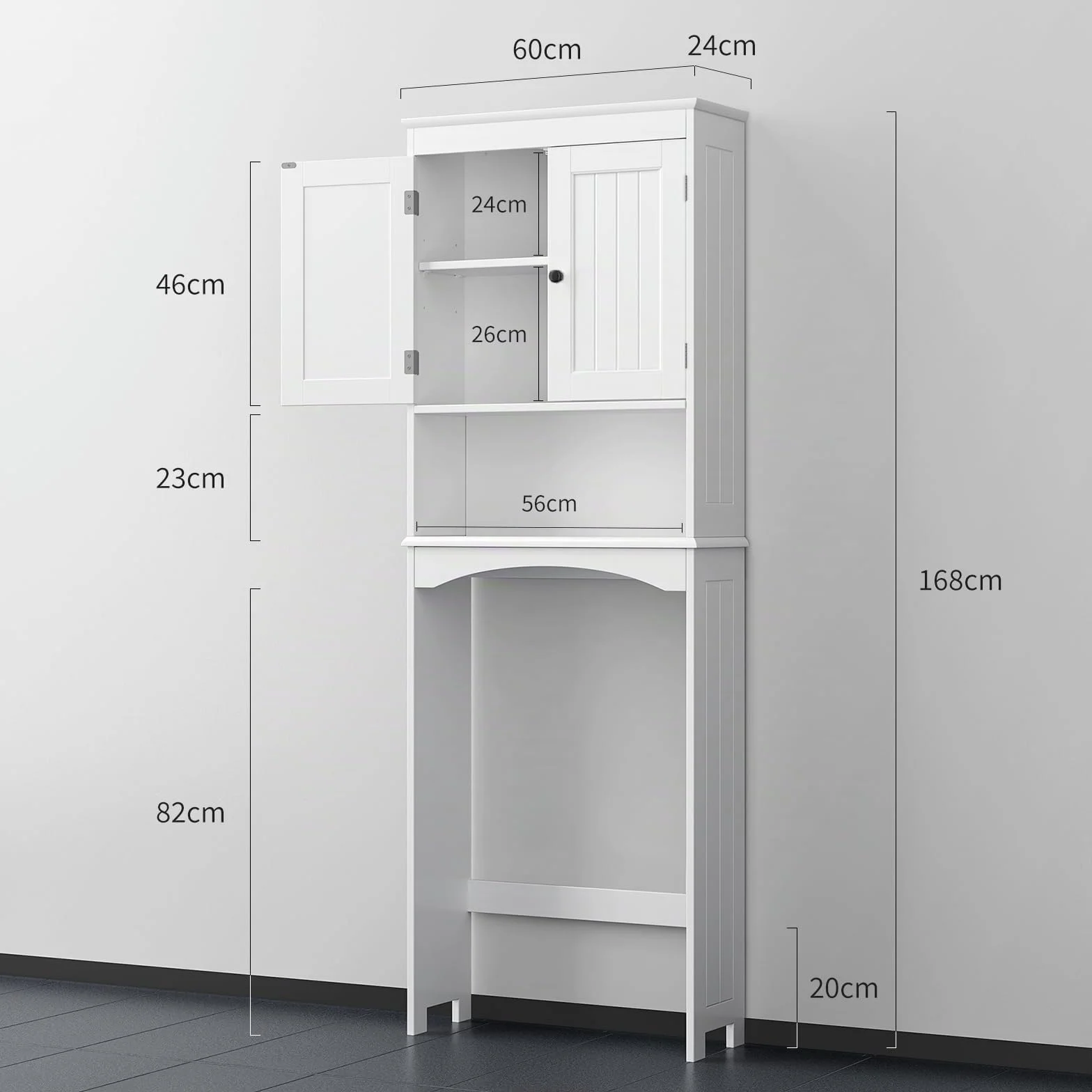 Bealife Mueble sobre Inodoro Armario Alto con 2 Puertas y Estantes Abierto 168x60x24cm
