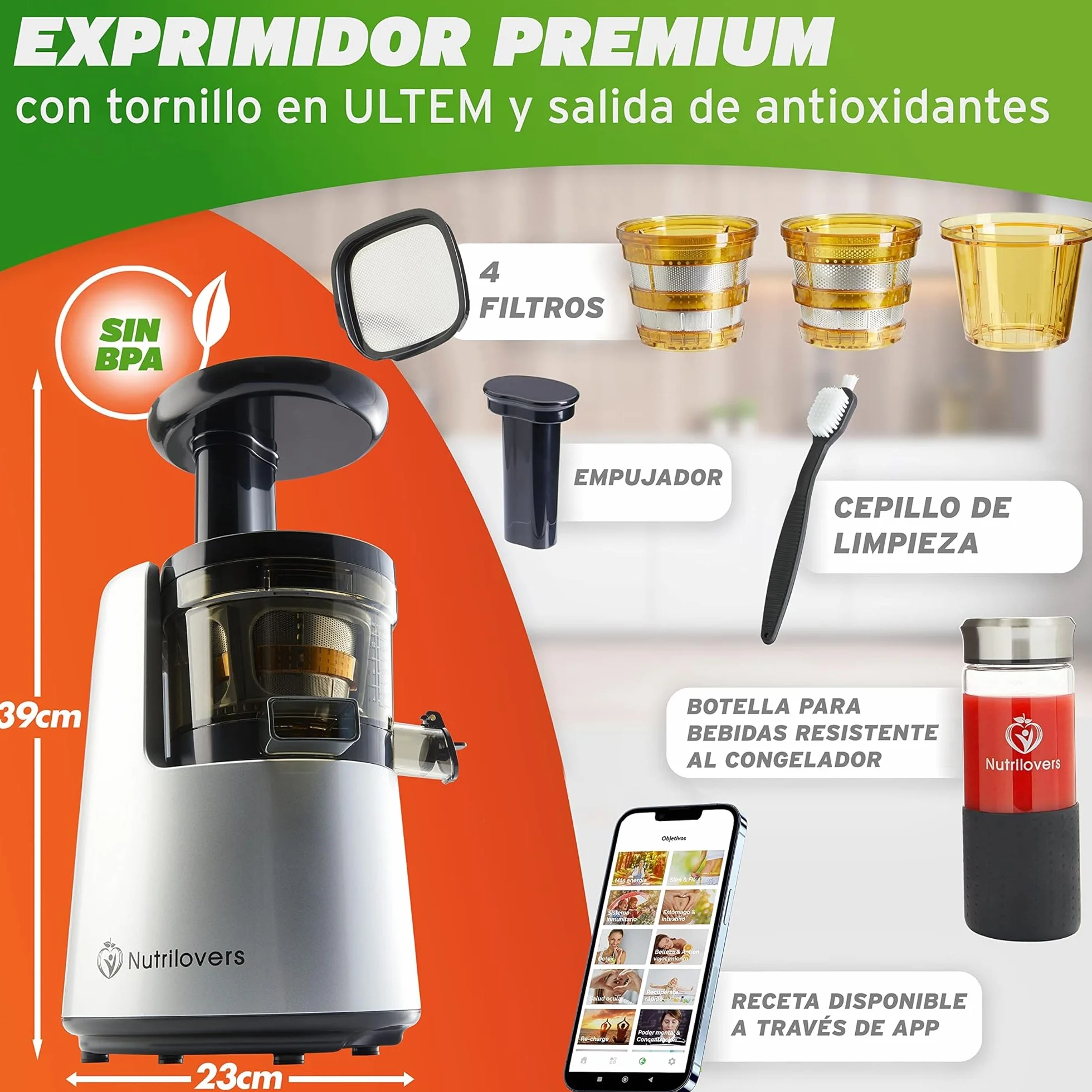 *NUEVO* NUTRI-PRESS NO.1 Exprimidor lento de 3 coladores para zumos, batidos y frutas heladas - Muy silencioso y 100% libre de BPA - Exprimidor eléctrico de frutas, verduras y apio