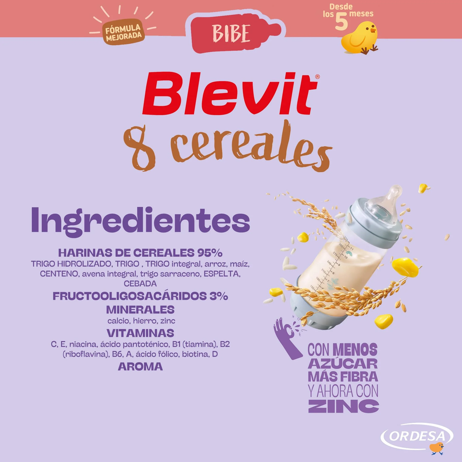 Blevit Bibe 8 Cereales 500g Papilla para Bebé 5 Meses 95% Cereales 14 Vitaminas y Minerales