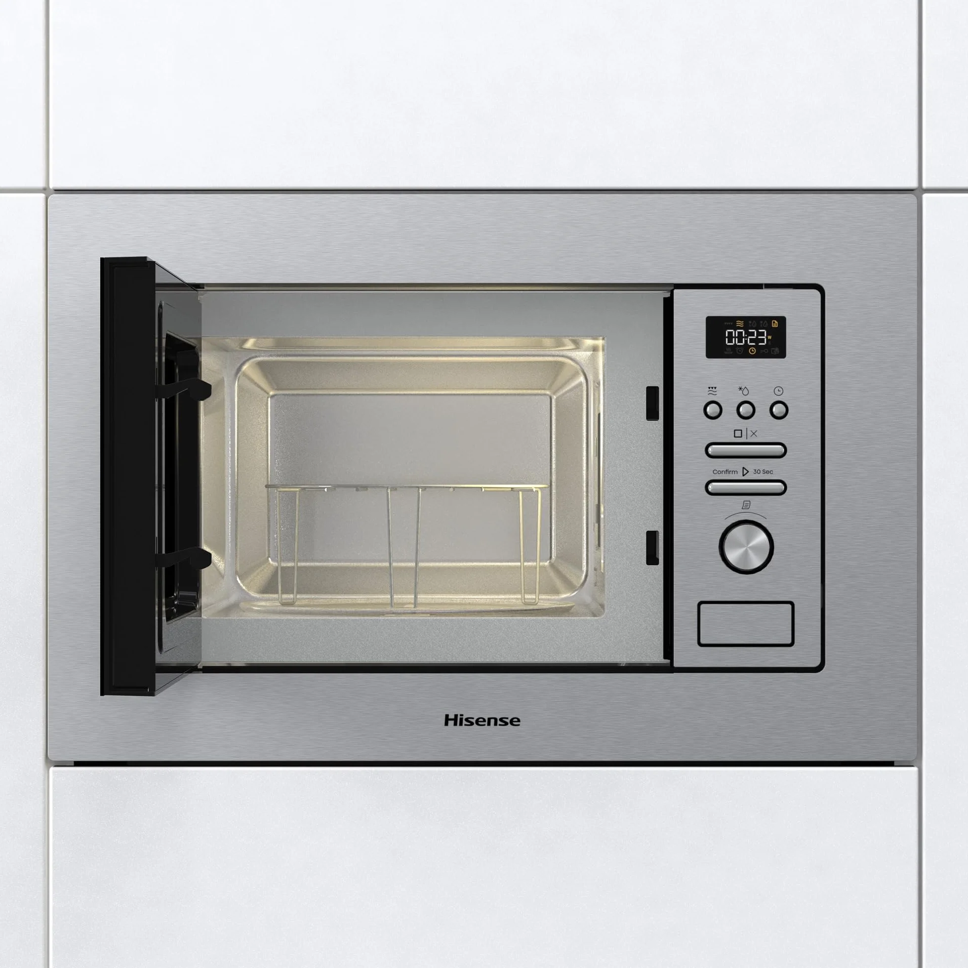 Hisense BIM320G41X - Microondas Integrable, 1000W, 20L, Alto 38.8cm x Ancho 59.5cm, Color Inox, 5 Niveles de Potencia, 15 Programas Preestablecidos, Grill Combo, Descongelar por Tiempo o Peso