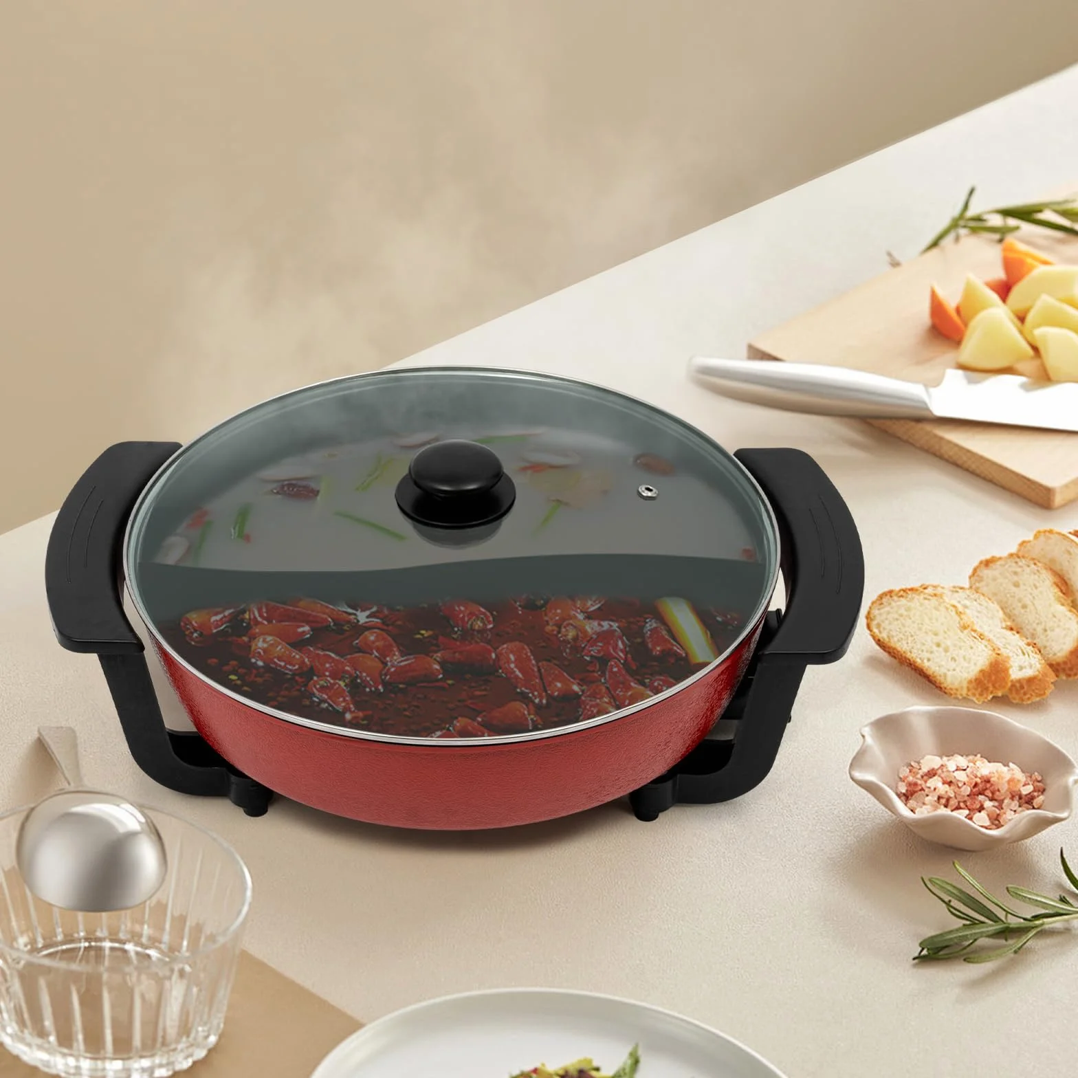 Estufa Eléctrica Multifunción 1360W Olla Hot Pot Eléctrico Fondue Shabu con Partición Temperatura Ajustable para 3-4 Personas