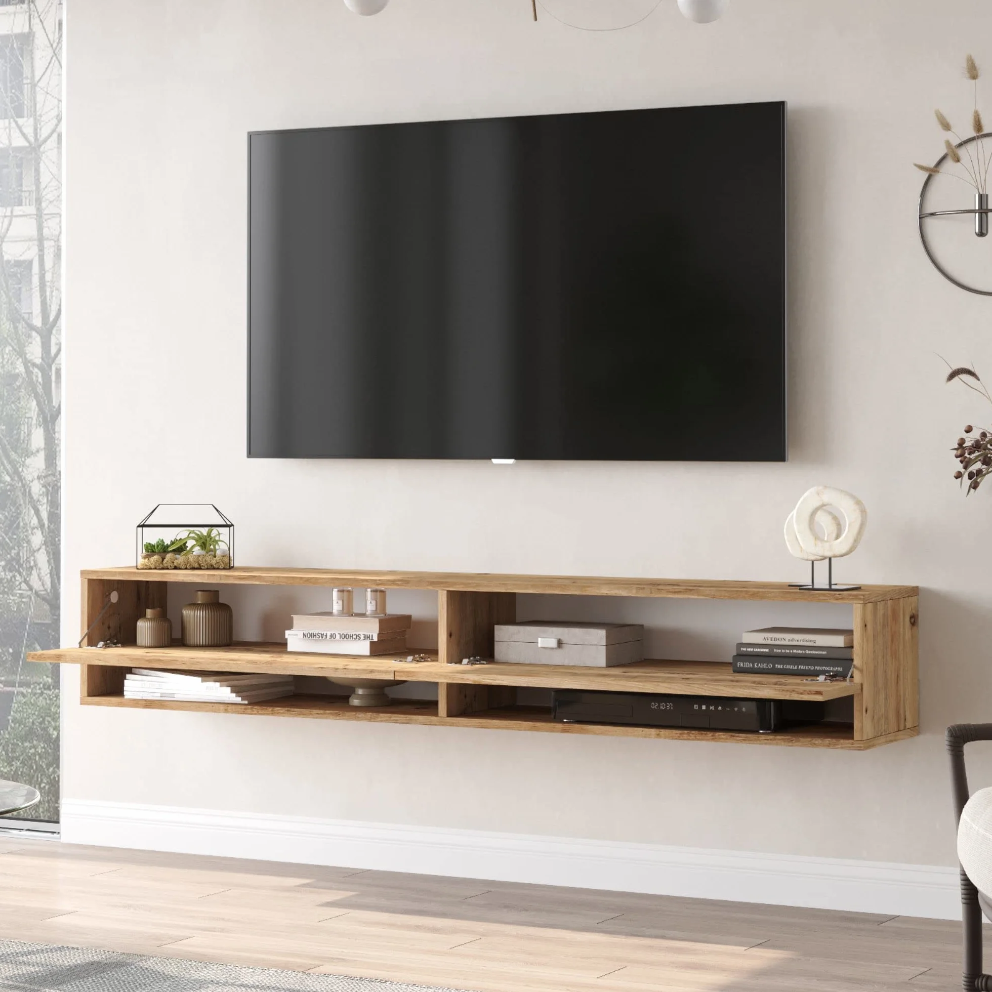 [en.casa] Mueble TV Suspendido con Espacio de Almacenaje Mesa Tele de Pared con 2 Puertas y 2 Estantes Aglomerado 180 x 32 x 30 cm Roble Rústico