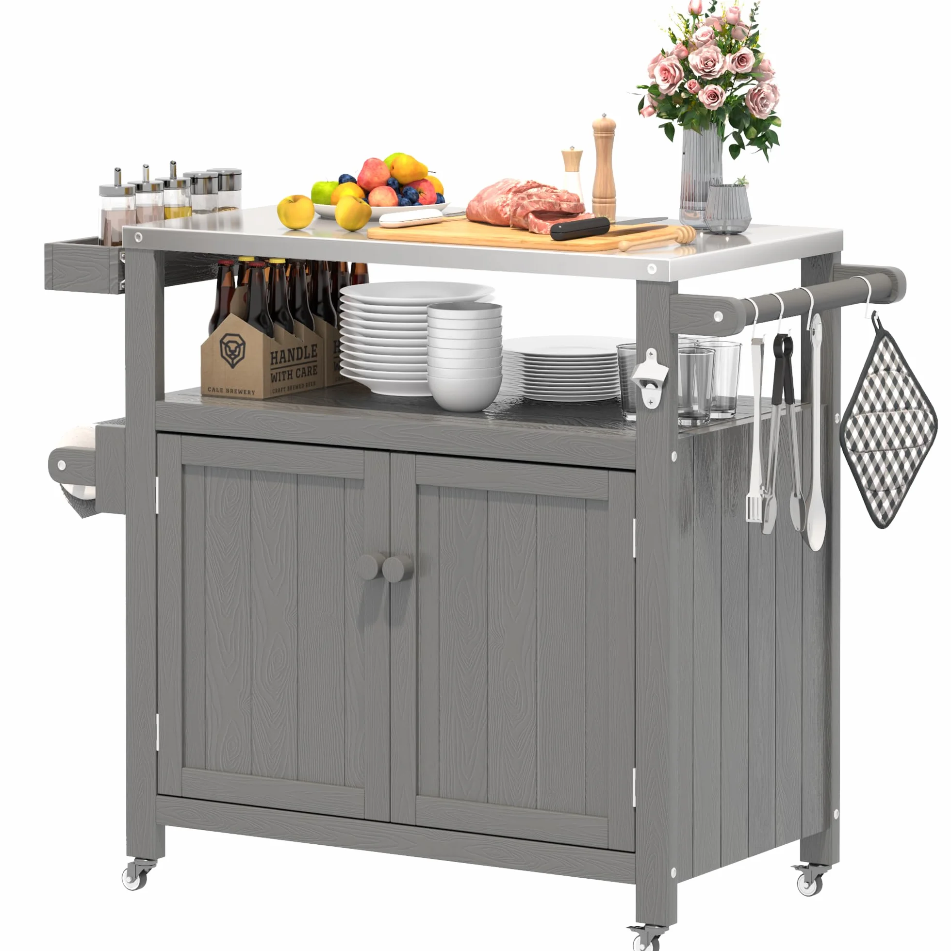 Isla de Cocina Exterior HIPS Impermeable con Top de Acero Inoxidable & Armario de Almacenamiento, Mesa de Preparación Móvil con Ruedas para Preparar Comida BBQ, Carrito de Grill Exterior para Fiestas