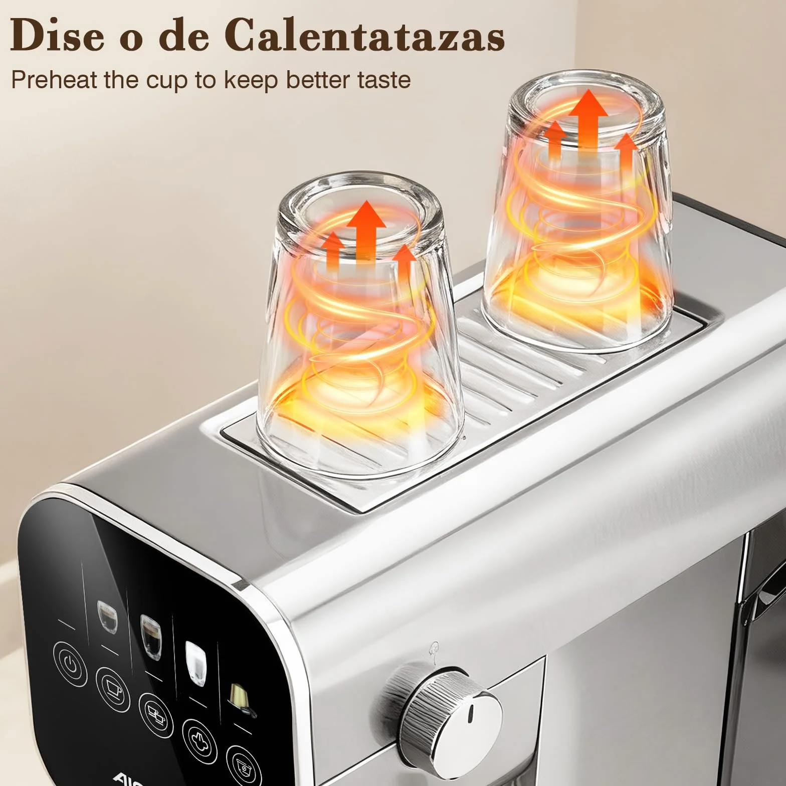 Aigostar Barista - Cafetera Espresso y Capuccino, Compatible con cápsulas y café molido, 20 Bares, Panel Táctil Digital, 1 o 2 tazas, Máquina de café con espumador de leche, 0.9L, 1350W, Inox