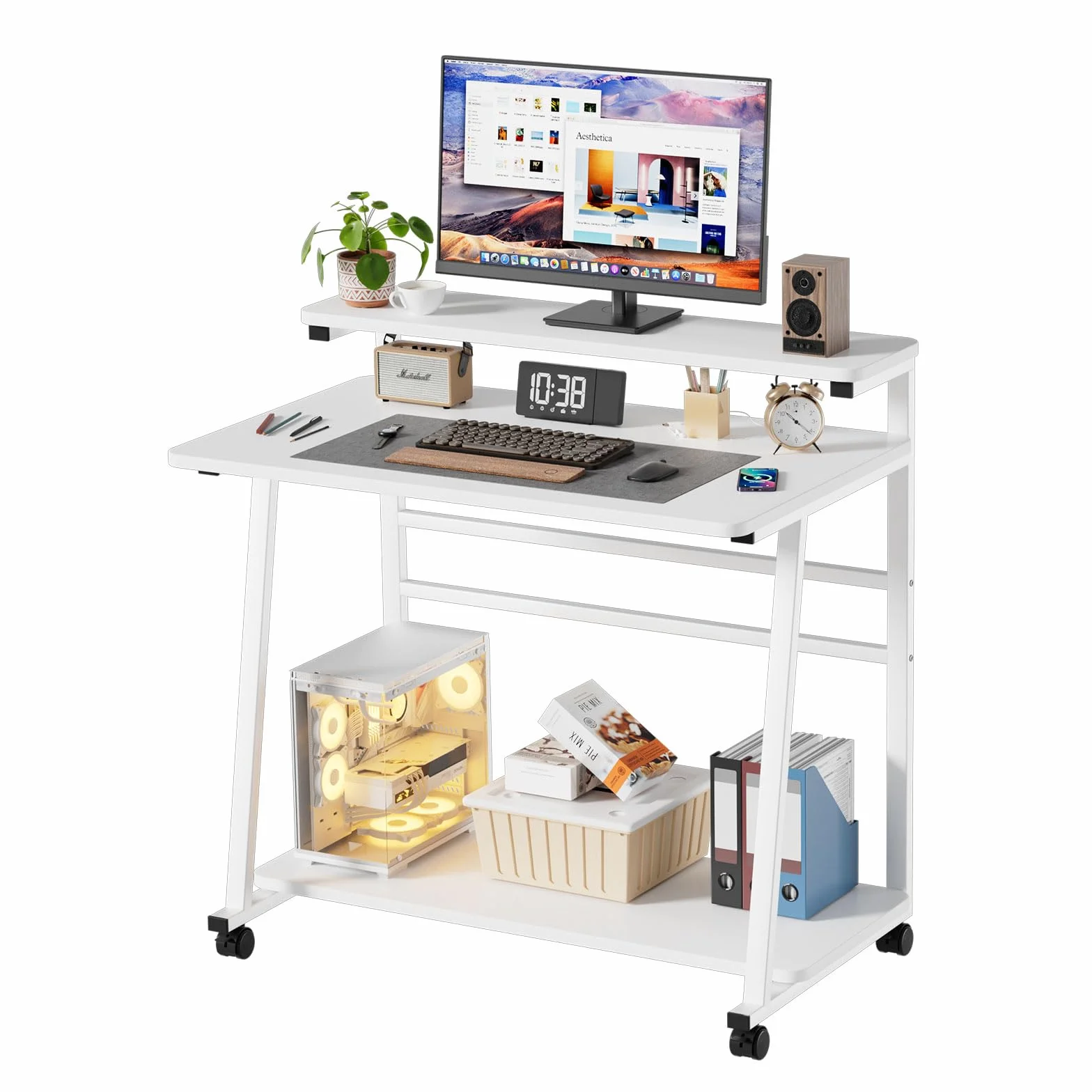 Mesa para Ordenador con 4 Ruedas Estación de Trabajo para Computadora con Estante Stable Escritorio en Forma de H Mesa para portátil Escritorio Pequeño para Oficina en Casa 80x50x90CM (Blanco)