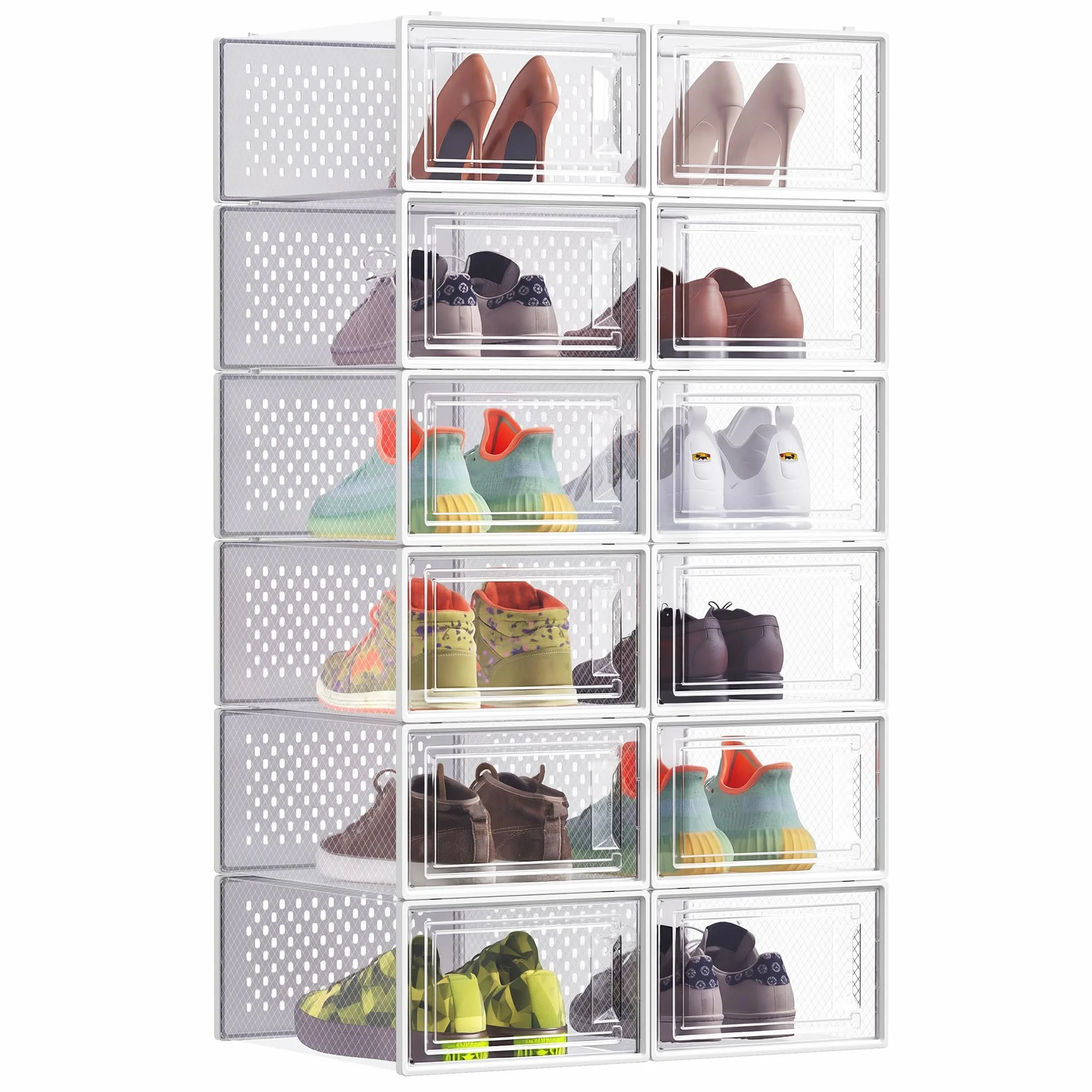 SONGMICS Cajas de Zapatos de Plástico Plegables Apilables Juego de 12 Transparente Blanco