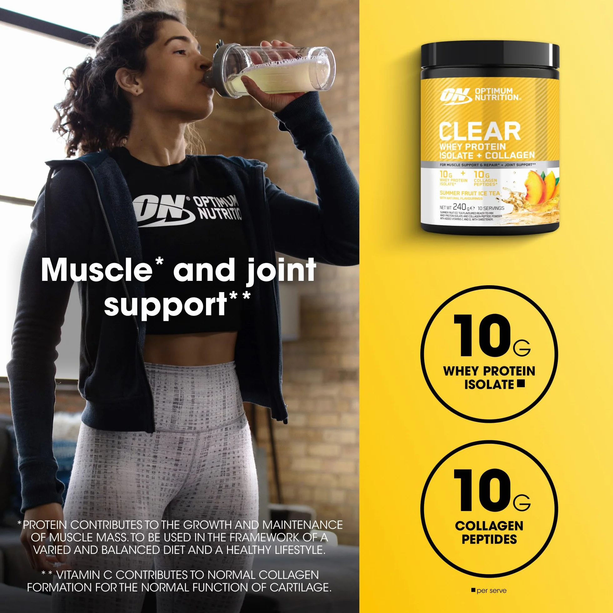 Optimum Nutrition Clear Whey + Colágeno, Té Helado Frutas de Verano, 240 g, 10 Porciones