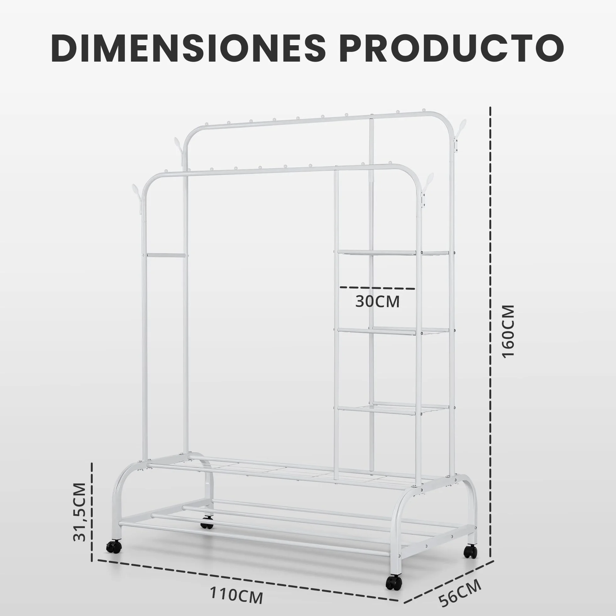 JUPPLIES Burro Ropa Resistente Perchero Doble con Soporte Ruedas Estantes Blanco