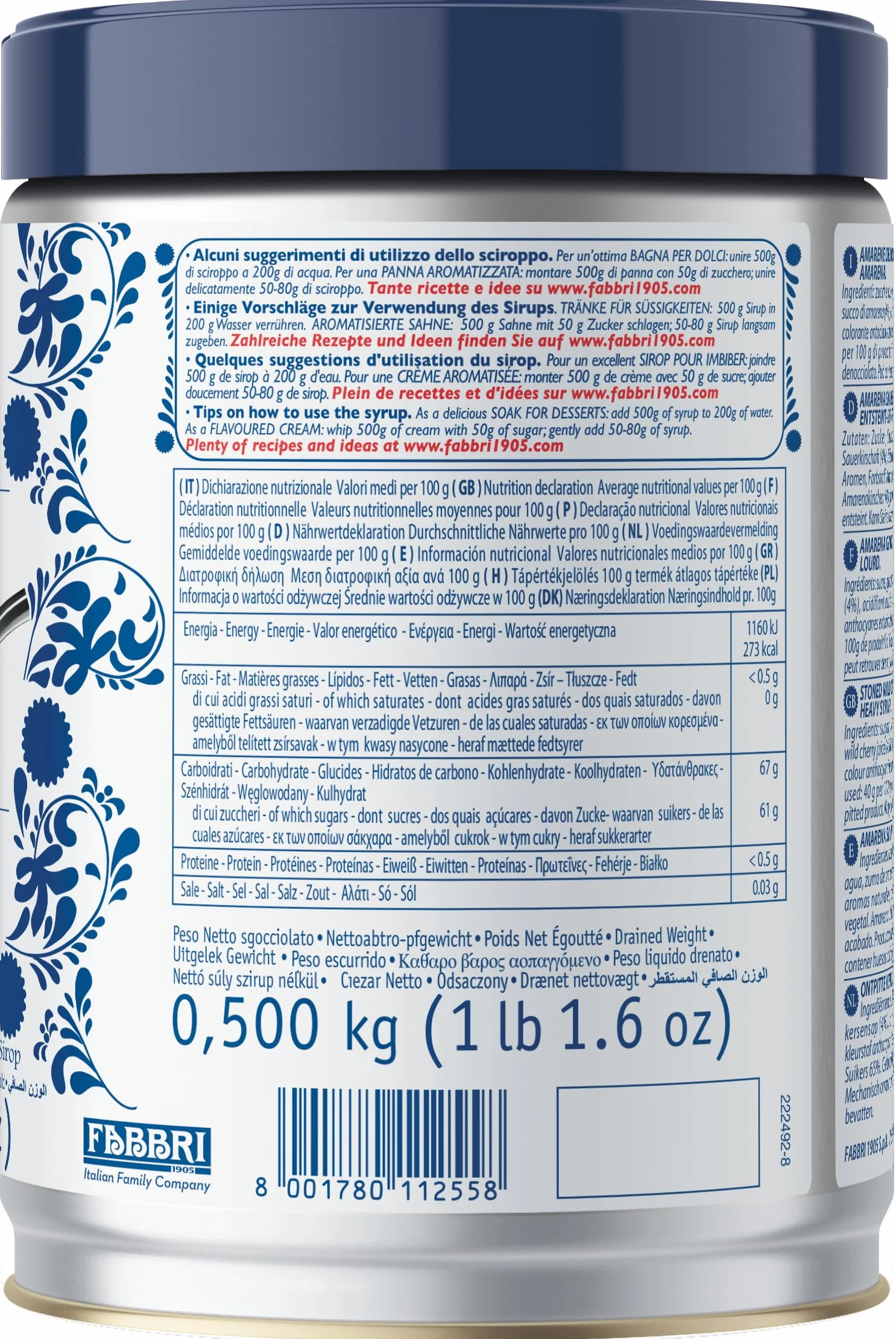 Fabbri Amarena en almíbar 1,25 kg sin gluten elaborado en Italia
