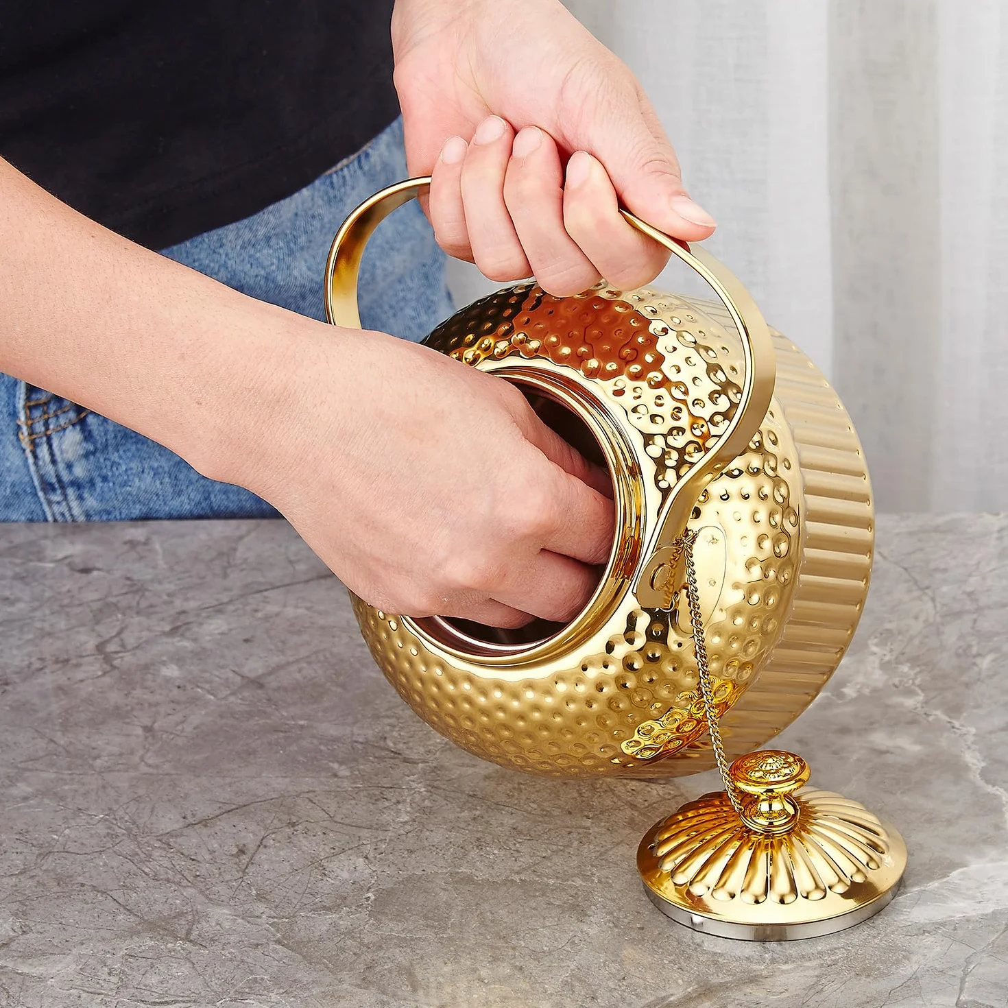 SANQIAHOME 1500 ml Tetera de acero inoxidable con infusor,antiguo,Oro