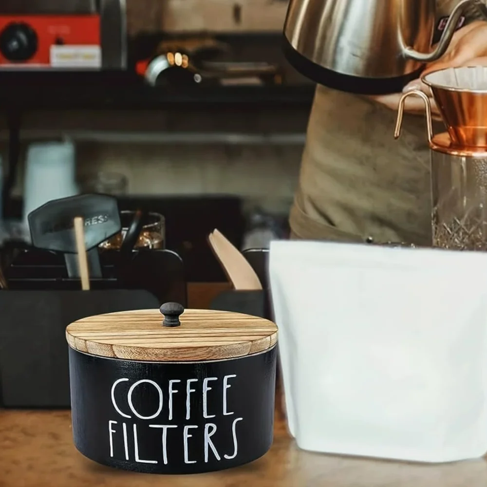 Caja de filtro de madera con tapa, dispensador filtros cesta circular