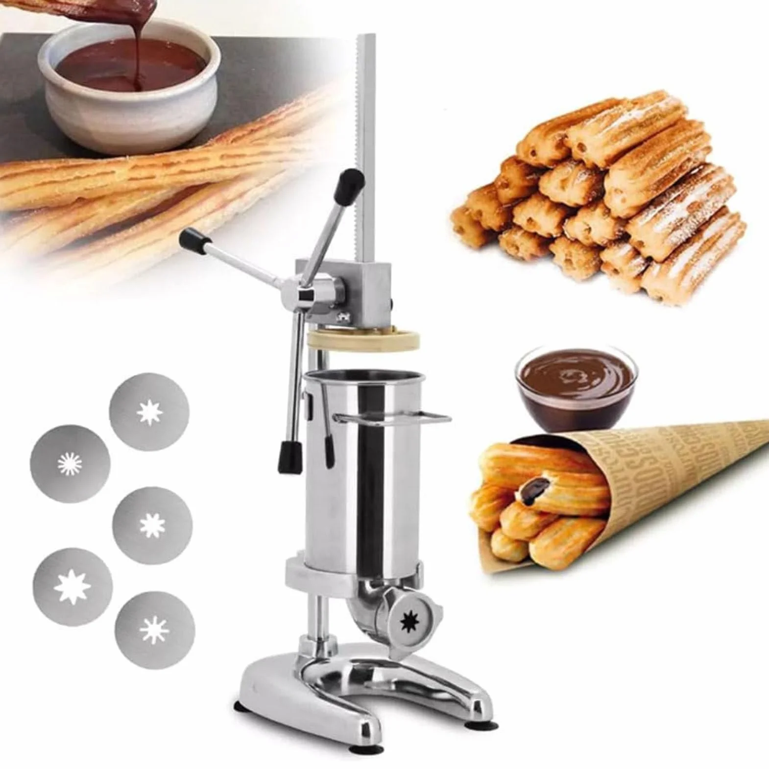 Máquina para hacer churros manual, máquina para hacer rellenos de churros, máquina para hacer churros de rosquilla española manual comercial de 2L/3L con 5 tipos de moldes, para restaurantes,3L