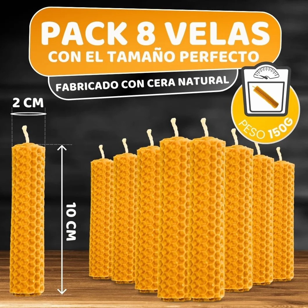 Velas de Miel de Abeja 100% Natural Española Cera Pura - Pack de 8, 10 cm x 2,2 cm