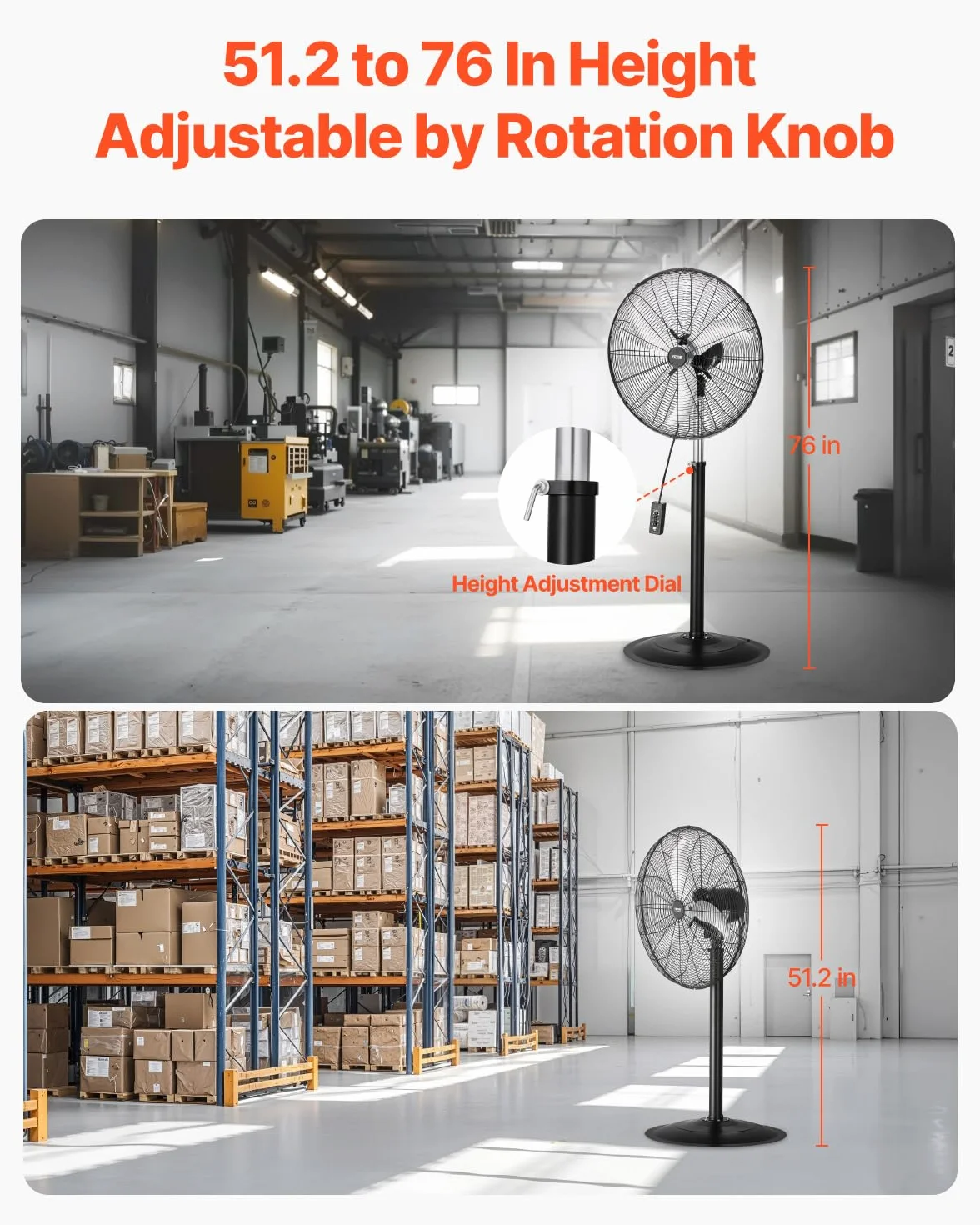 VEVOR Ventilador Oscilante de Pedestal 67 cm, Altura Ajustable de 131 a 193 cm Ventilador de Pie 3 Velocidades de Alta Potencia, para Sala de Estar, Hogar, Oficina, Negro, 670 x 600 x 1930 mm