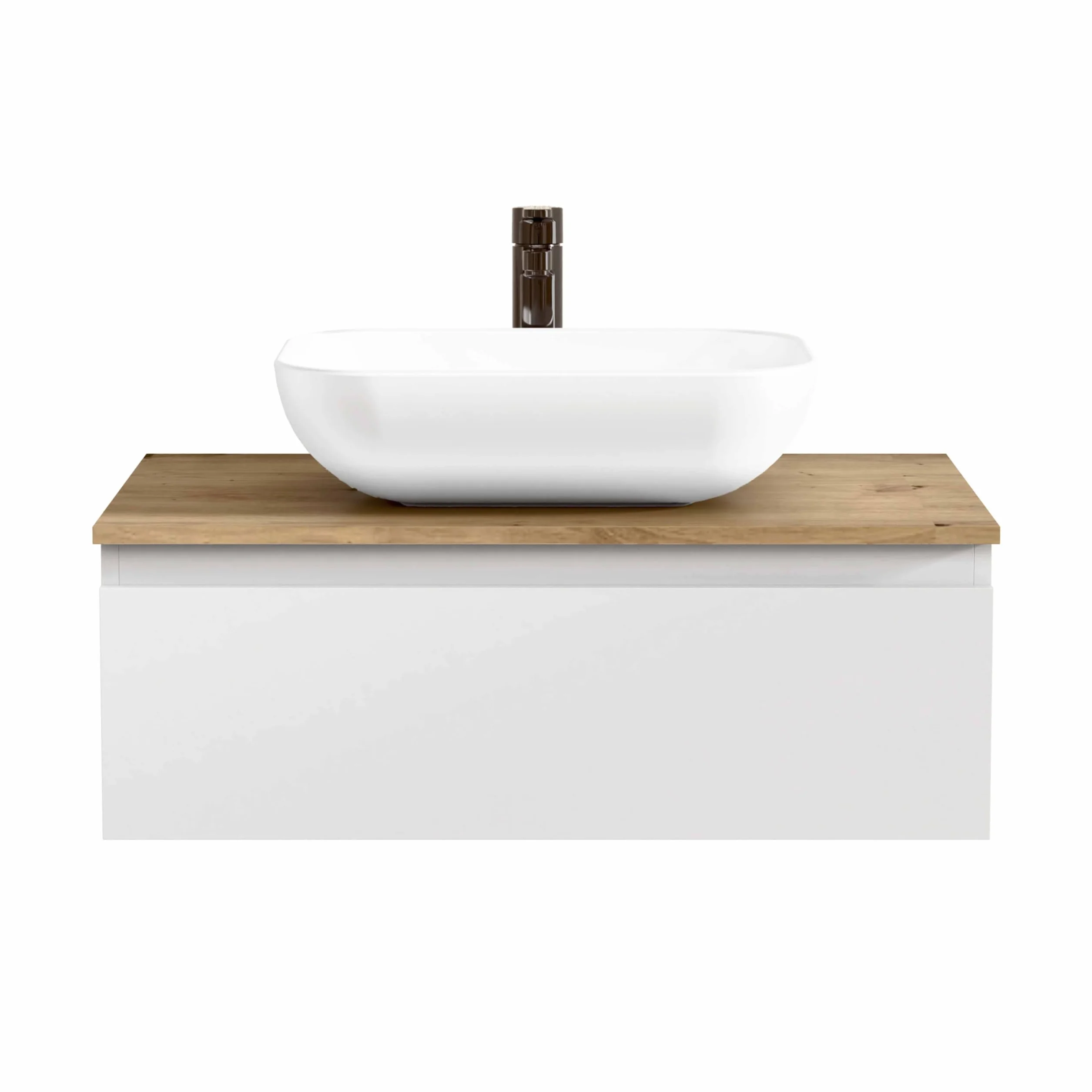 BELLOBATH - Mueble Baño Suspendido con Lavabo de Cerámica, Mueble Baño con Lavabo Montado con 1 Cajón, 60 x 27 x 46 cm, Mueble Blanco y Tapa Roble