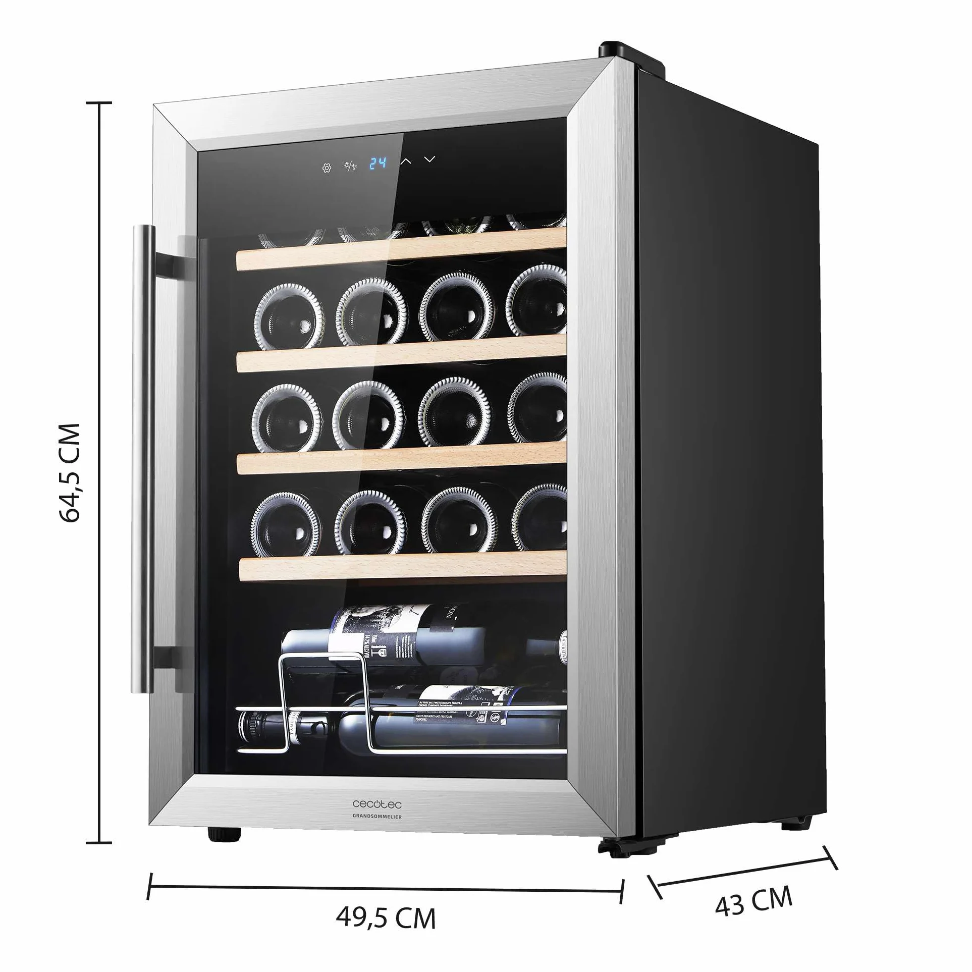 Cecotec Vinoteca - Nevera para Vinos - 24 Botellas Bolero GrandSommelier 2050 Inox Compressor. Temperatura ajustable de 5-18ºC, Alto rendimiento, Funcionamiento silencioso y sin Vibraciones