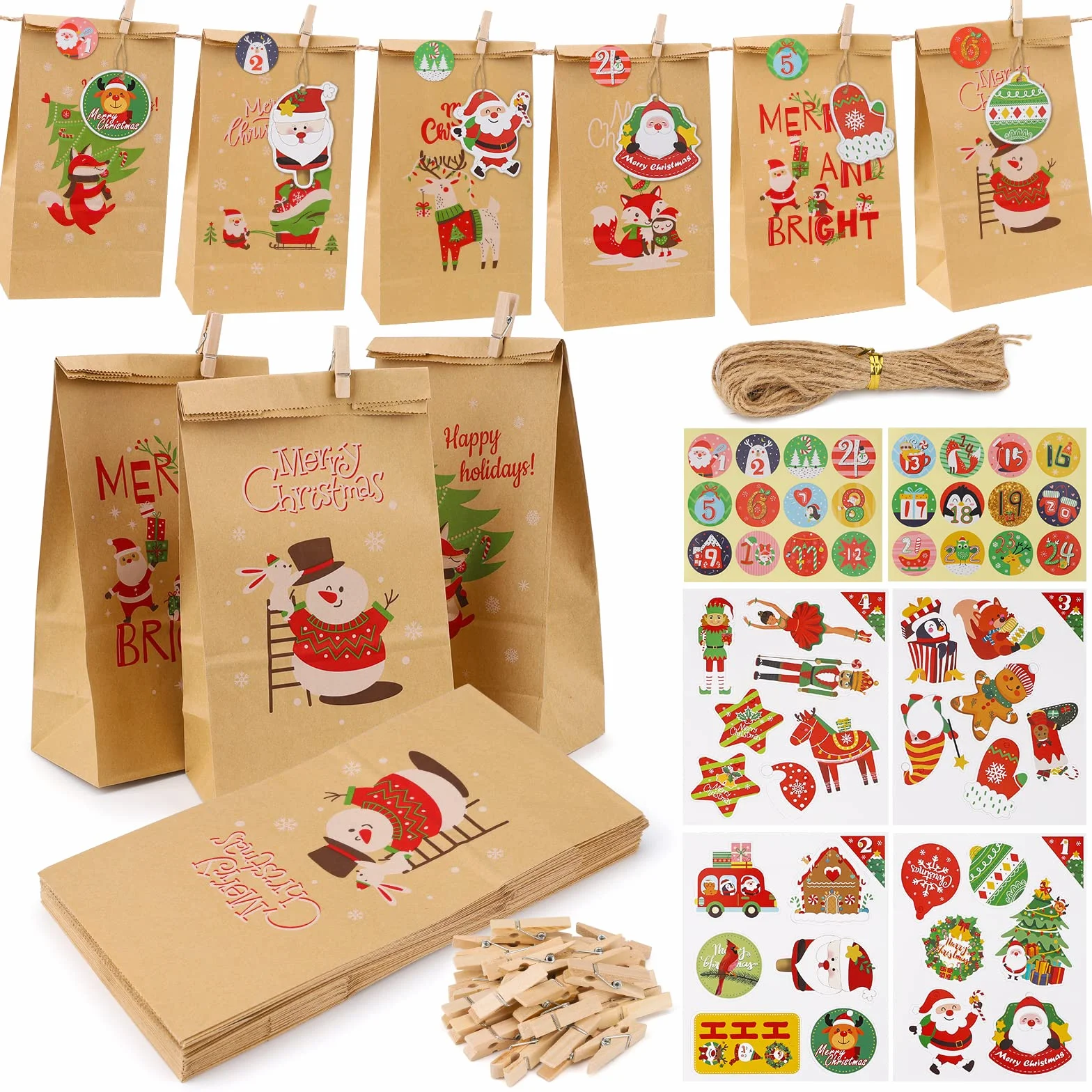 Calendario Adviento 2025 para Rellenar con 24 Bolsas, Adhesivos y Cuerda, DIY Bolsas de Papel Kraft Navideño, Marrón