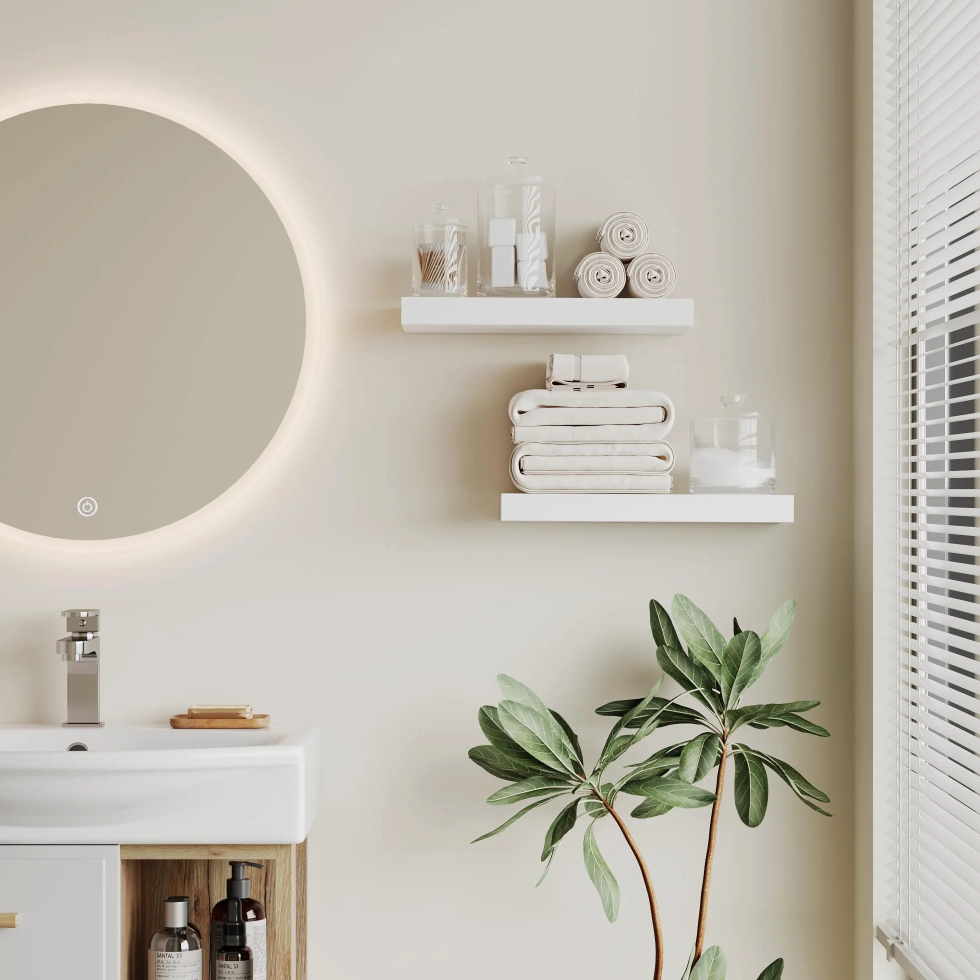 BONTEC Estantes de Pared, Paquete de 2 Balda de Pared de Baño Resistentes de 16 Pulgadas, Fácil de Instalar, Diseño Minimalista, Soporta 10kg Cada Uno, Blanco