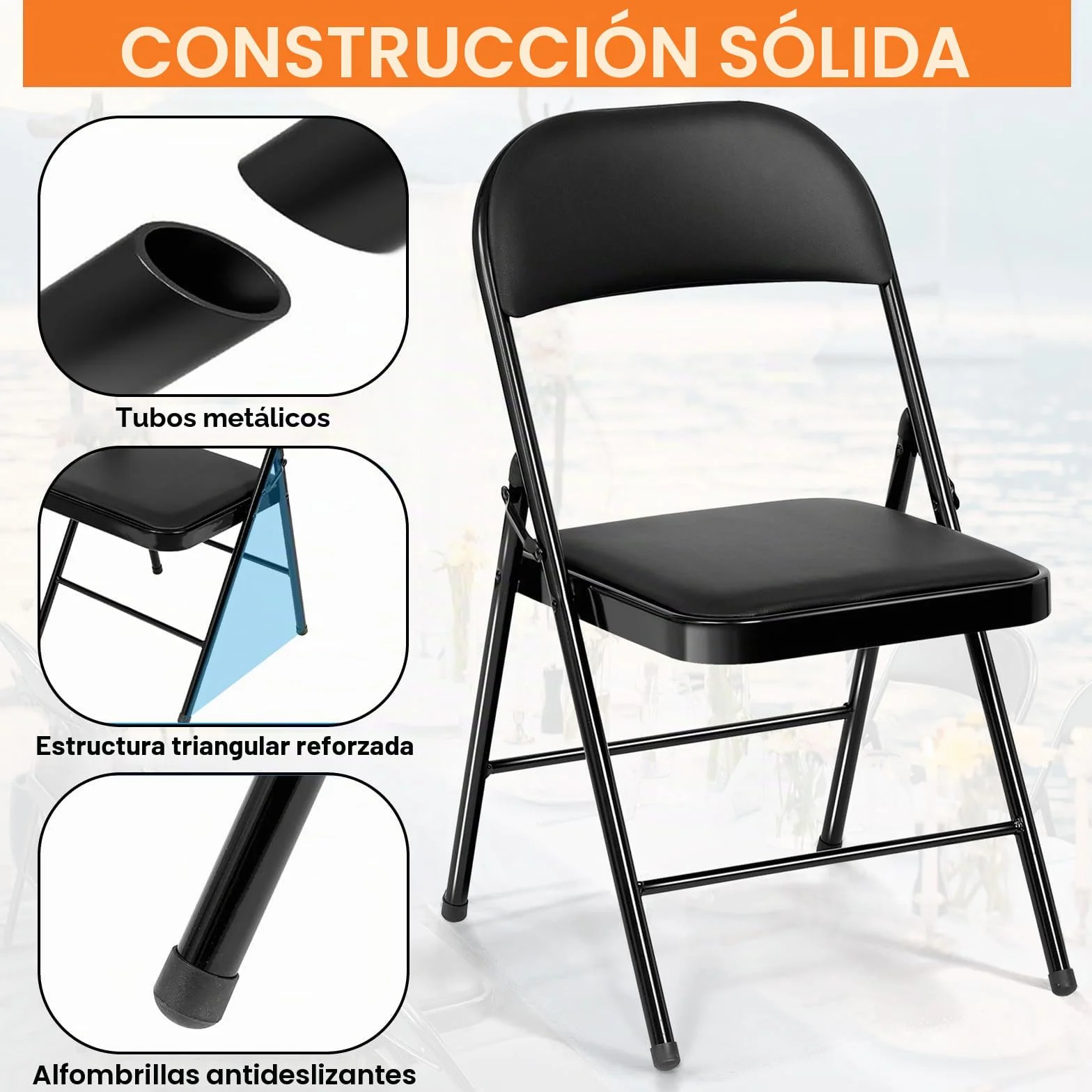 Set de 6 Sillas Plegables –Sillas de Comedor, Jardín, Camping, Plegables, para Balcón, Sala de Estar, Restaurante y Conferencias, Ergonómicas, hasta 158 kg, Negro