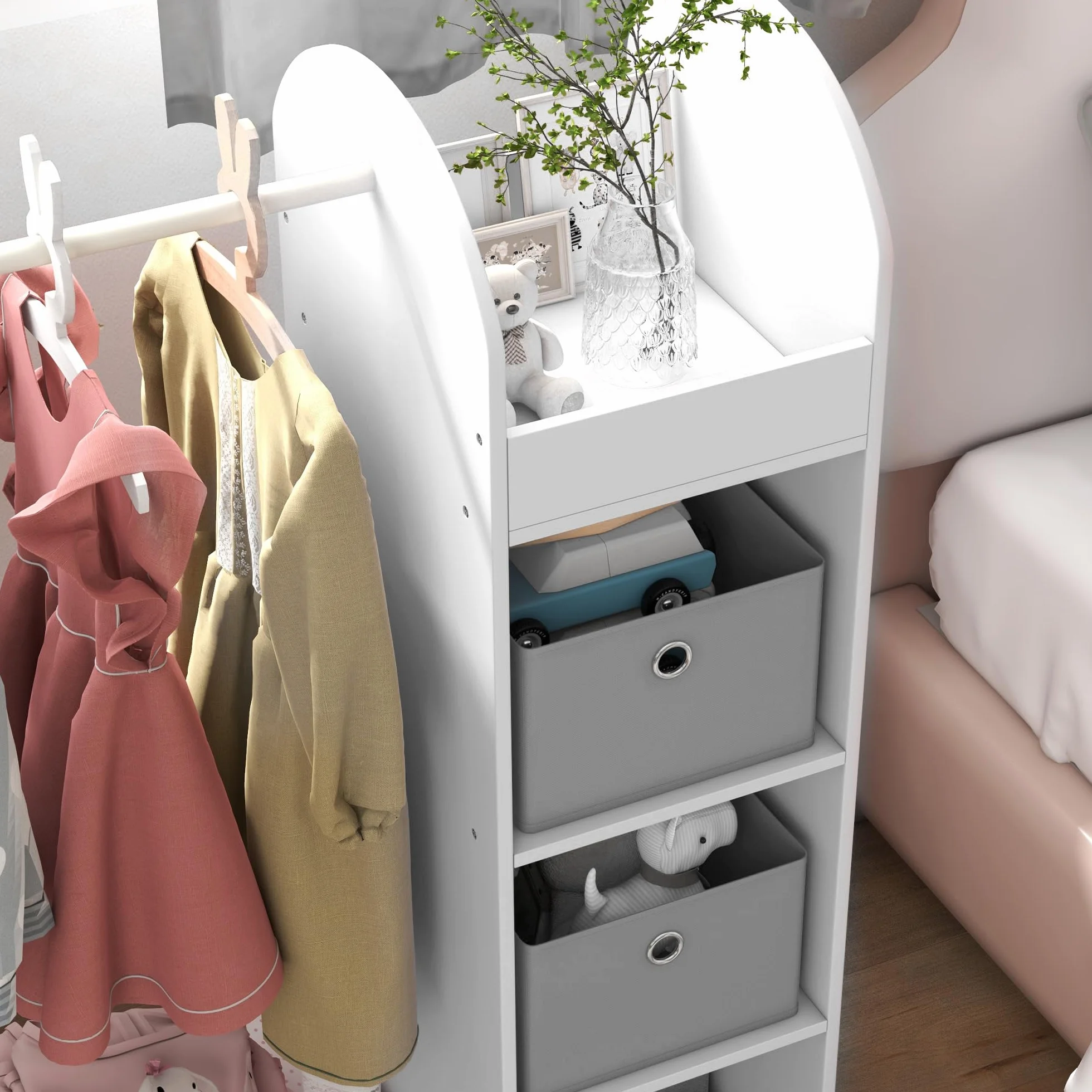 AIYAPLAY Perchero de ropa para niños con estante de almacenamiento, cajas y espejo, armario blanco