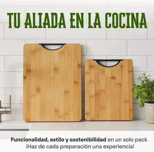 Tablas de Cortar de Bambú Set 2 Piezas.Tabla cocina madera. (38x28 + 30x20 cm) con Asa – Antibacterianas, Resistentes y Fáciles de Limpiar – Tabla Cocina Profesional