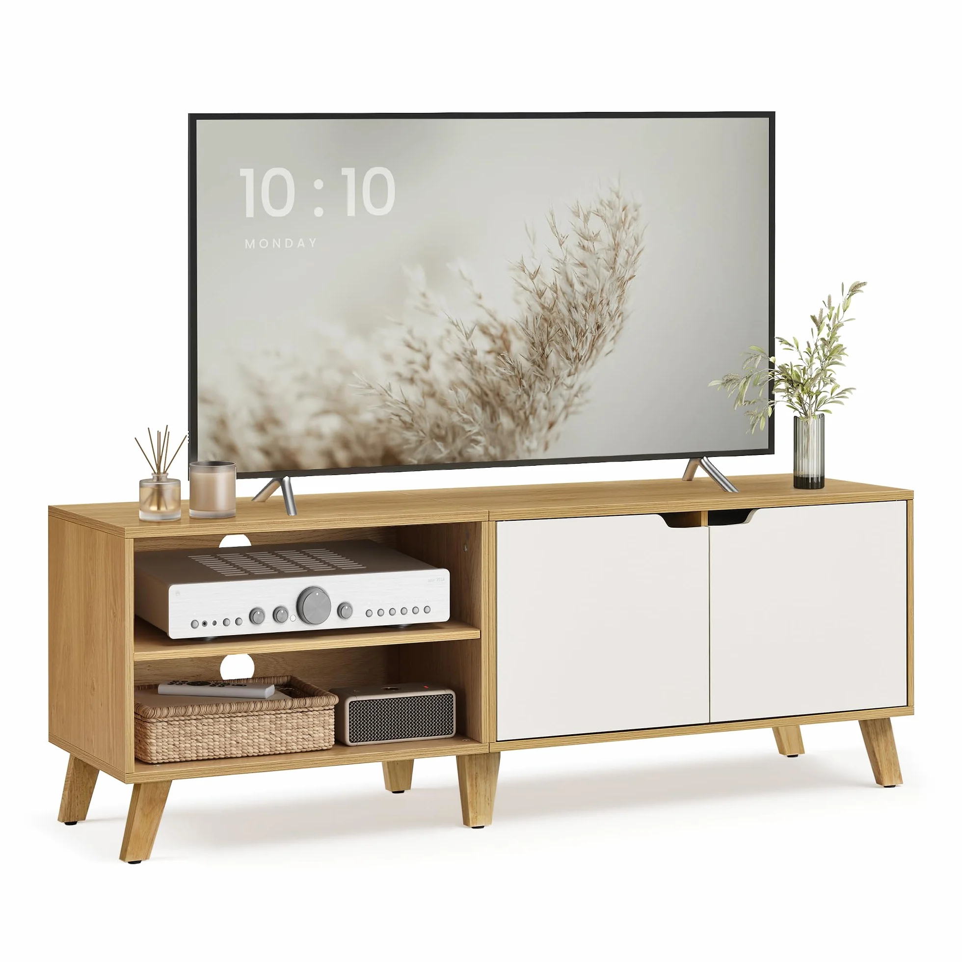 VASAGLE Mueble de TV de 2 Puertas, Soporte con Estantes Ajustables, 140 cm, para TV de 60 Pulgadas, Roble Natural y Blanco Crema LTV027N01