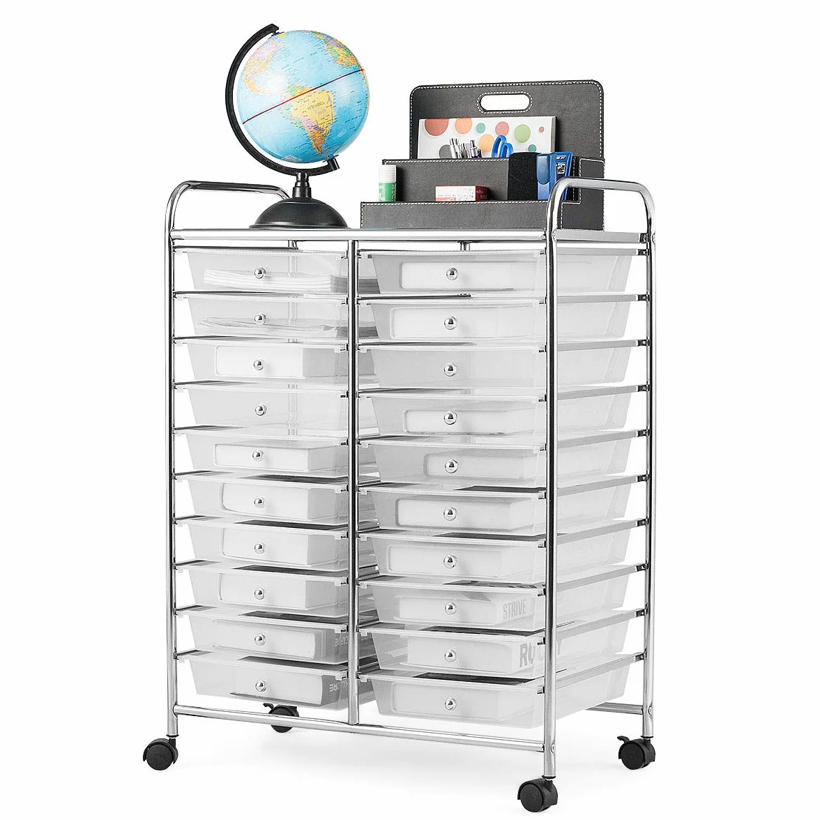 RELAX4LIFE Carrito de Almacenamiento con 20 Cajones y 1 Estante Superior, Carrito Auxiliar de 10 Niveles con 4 Ruedas Universales y 2 Frenos, Carro Multiusos para Baño, Cocina, Salón (Transparente)