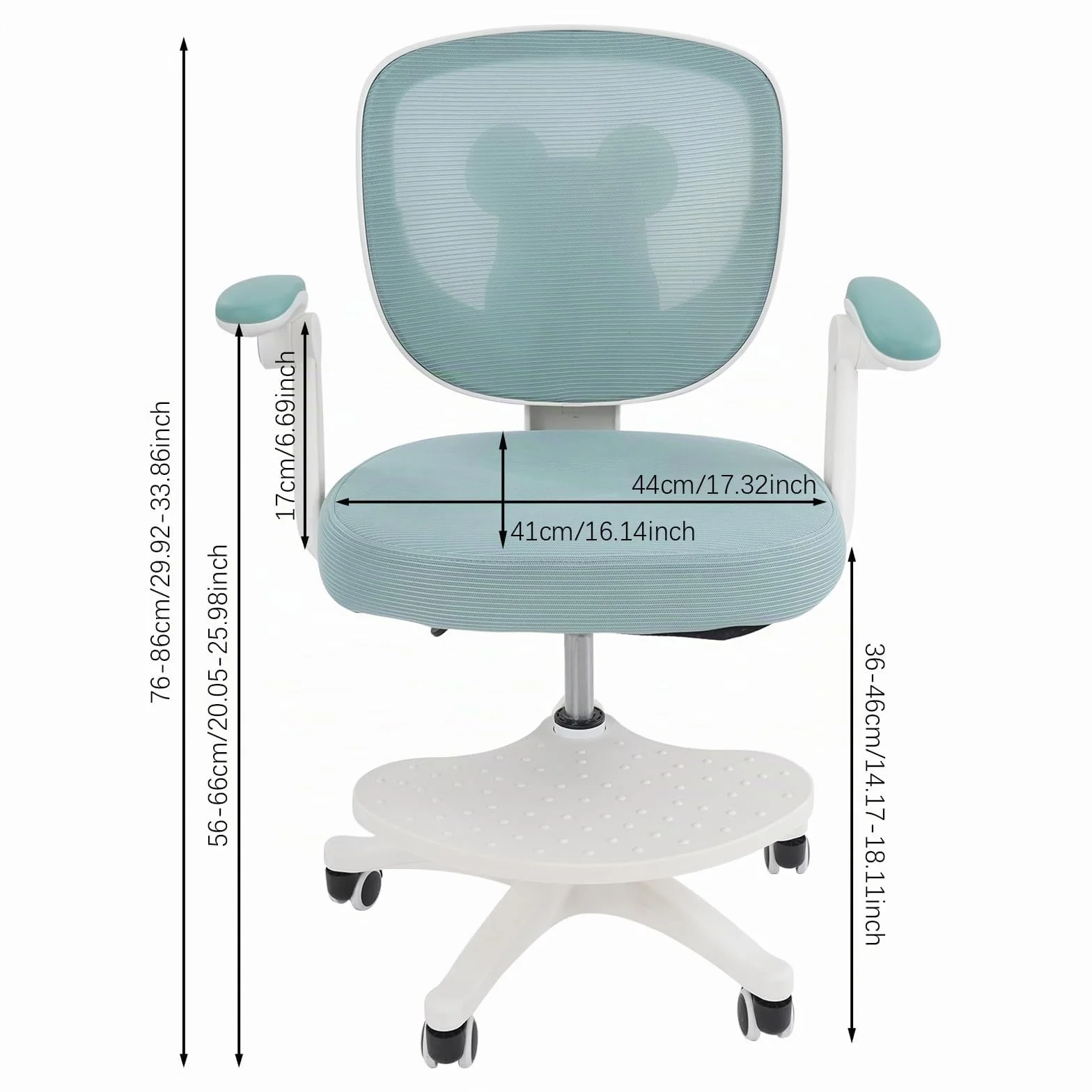 Silla de escritorio infantil, altura del asiento de 36 – 46 cm, altura regulable, silla de oficina con reposabrazos ajustables a 90°, silla de ordenador con ruedas, silla ligera, tela de malla