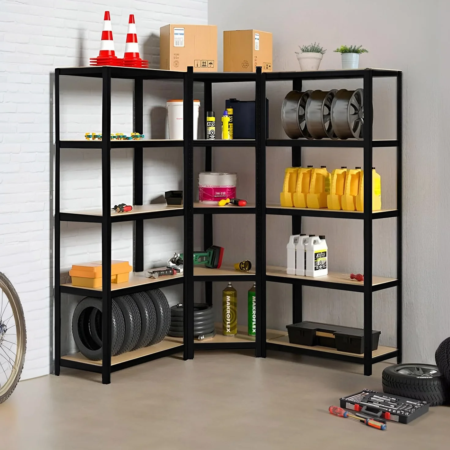 THINIA HOME Pack 2 Estanterías Modulares + 1 Estantería Esquinera, Acero MDF Antihumedad, 5 Baldas Ajustables, 875Kg