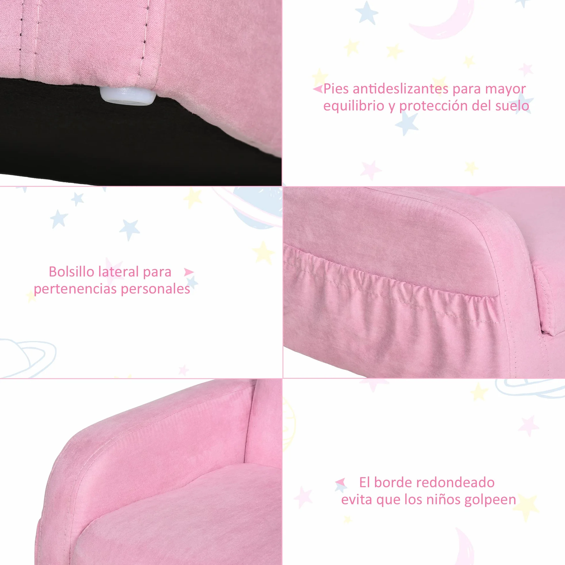 HOMCOM Sillón para Niños de 3 Años Sofá Transformable Diseño 2 en 1 Cama Infantil Plegable de 2 Posiciones con Reposabrazos Asiento Ancho Acolchado 47x45x38 cm Rosa